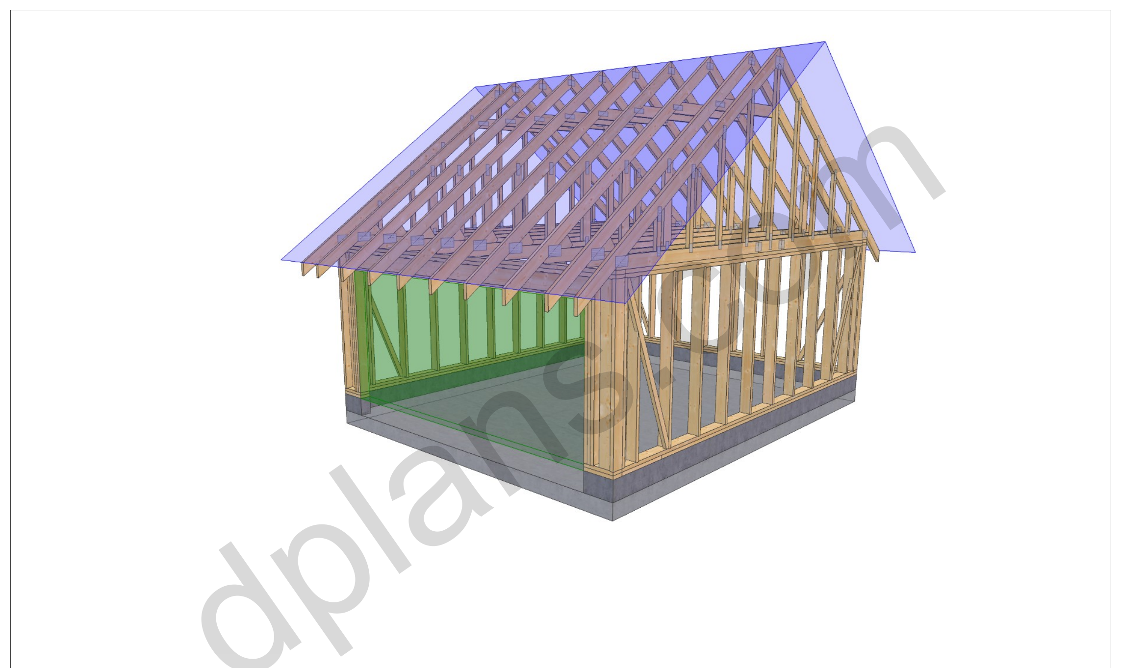 16x20 garage plans, 3D framing view of the stud walls, bracing and roof trusses over the slab