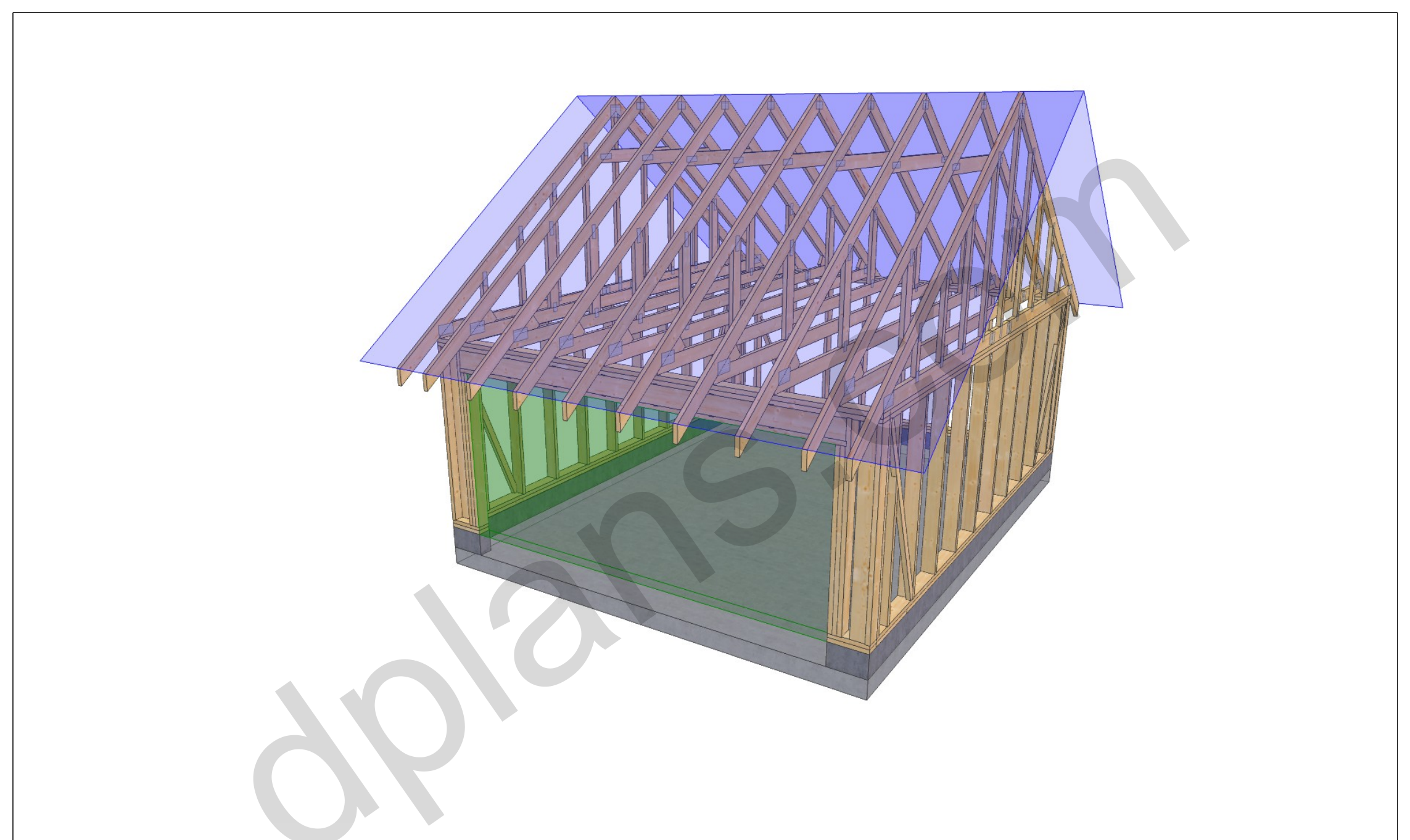 16x20 garage plans, 3D model of the timber frame garage with roof trusses on a concrete slab