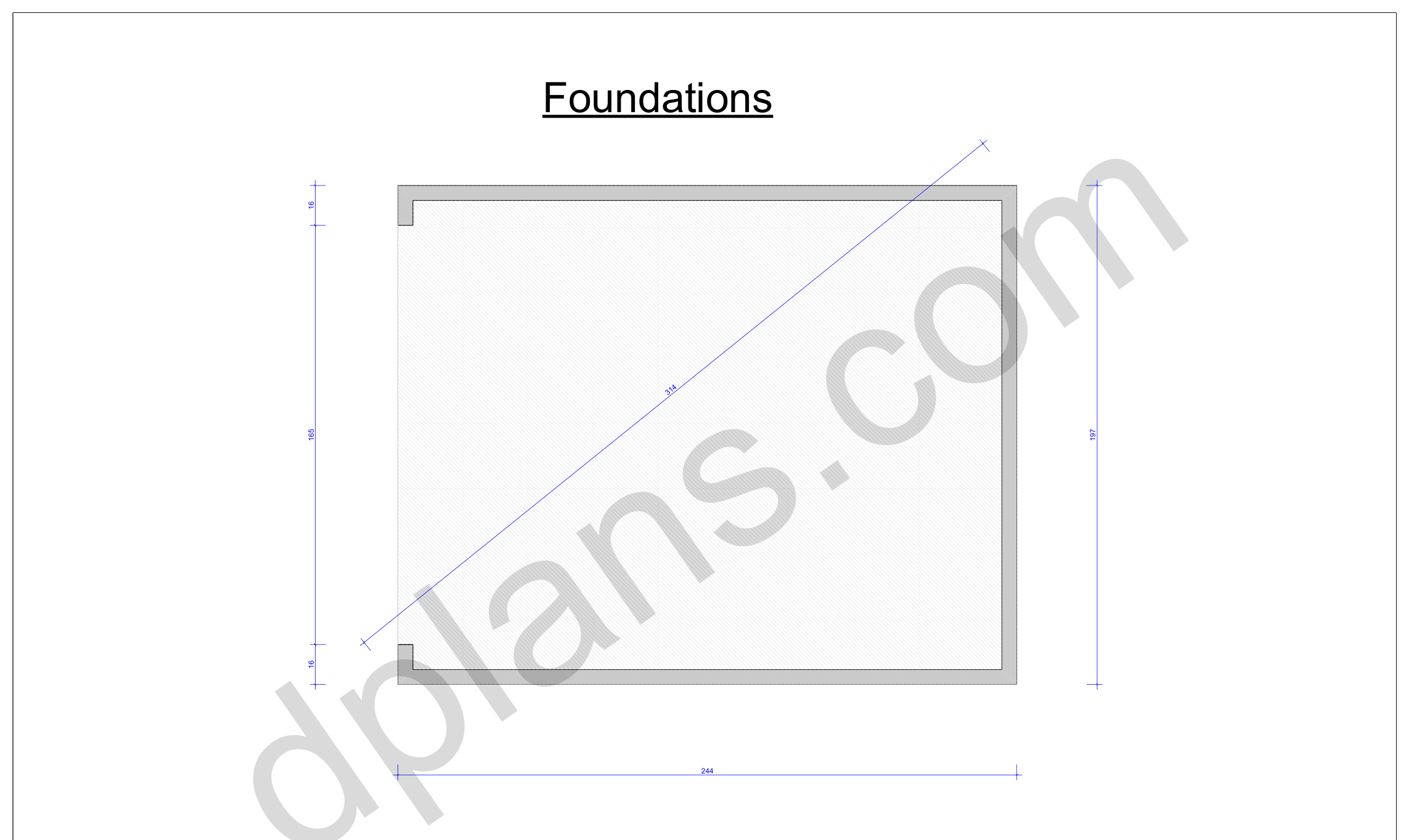 16x20 garage plans, foundation plan with the concrete slab outline and diagonal check (imperial, inches)