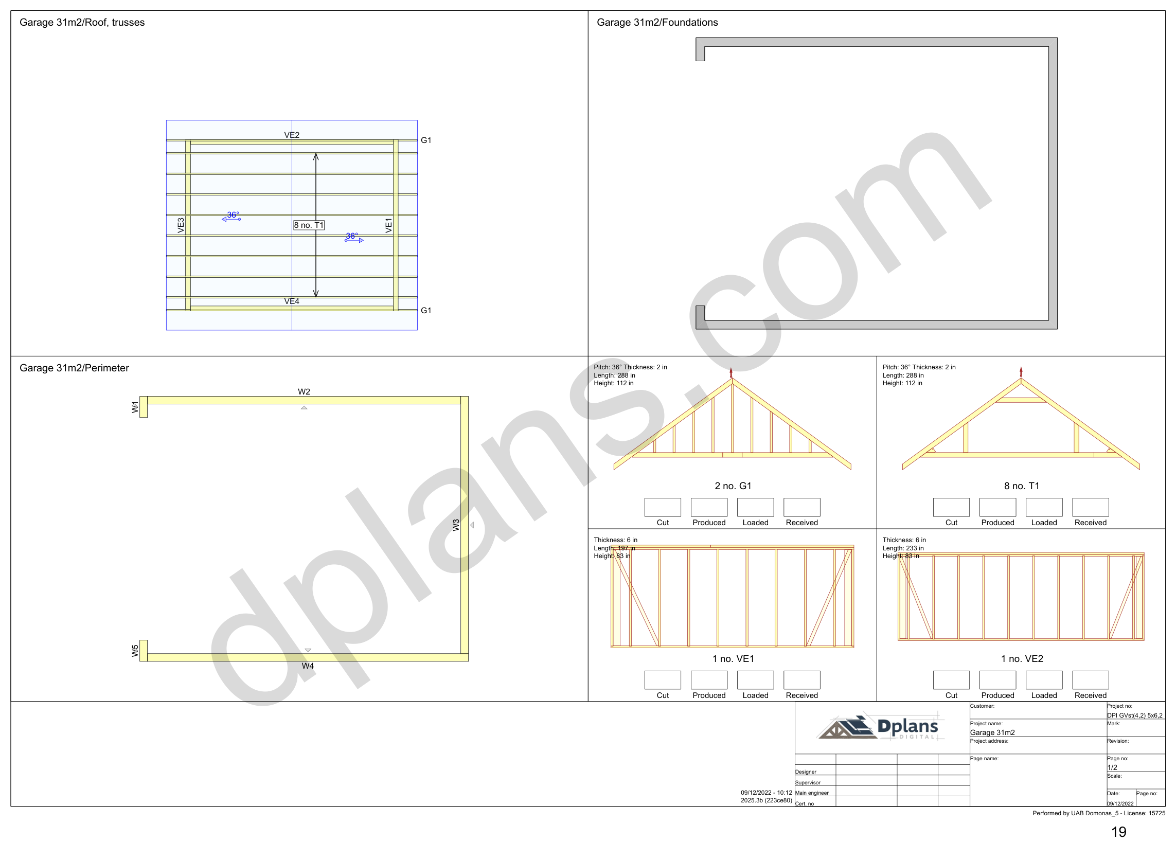 16x20 garage plans, overview sheet with the truss plan, foundation, perimeter and wall panels (imperial, inches)