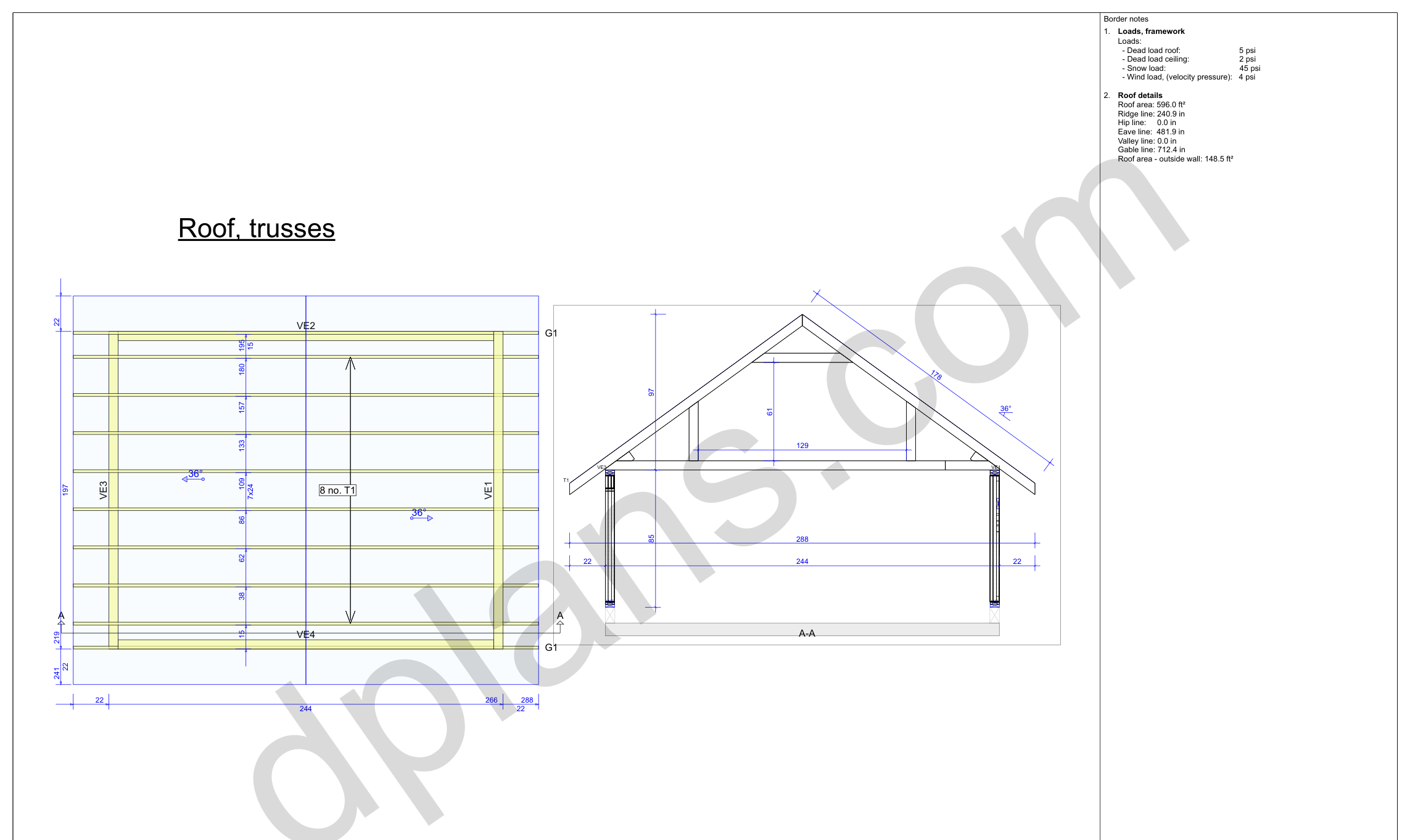 16x20 garage plans, roof truss layout plan and cross section with wall and ridge heights (imperial, inches)