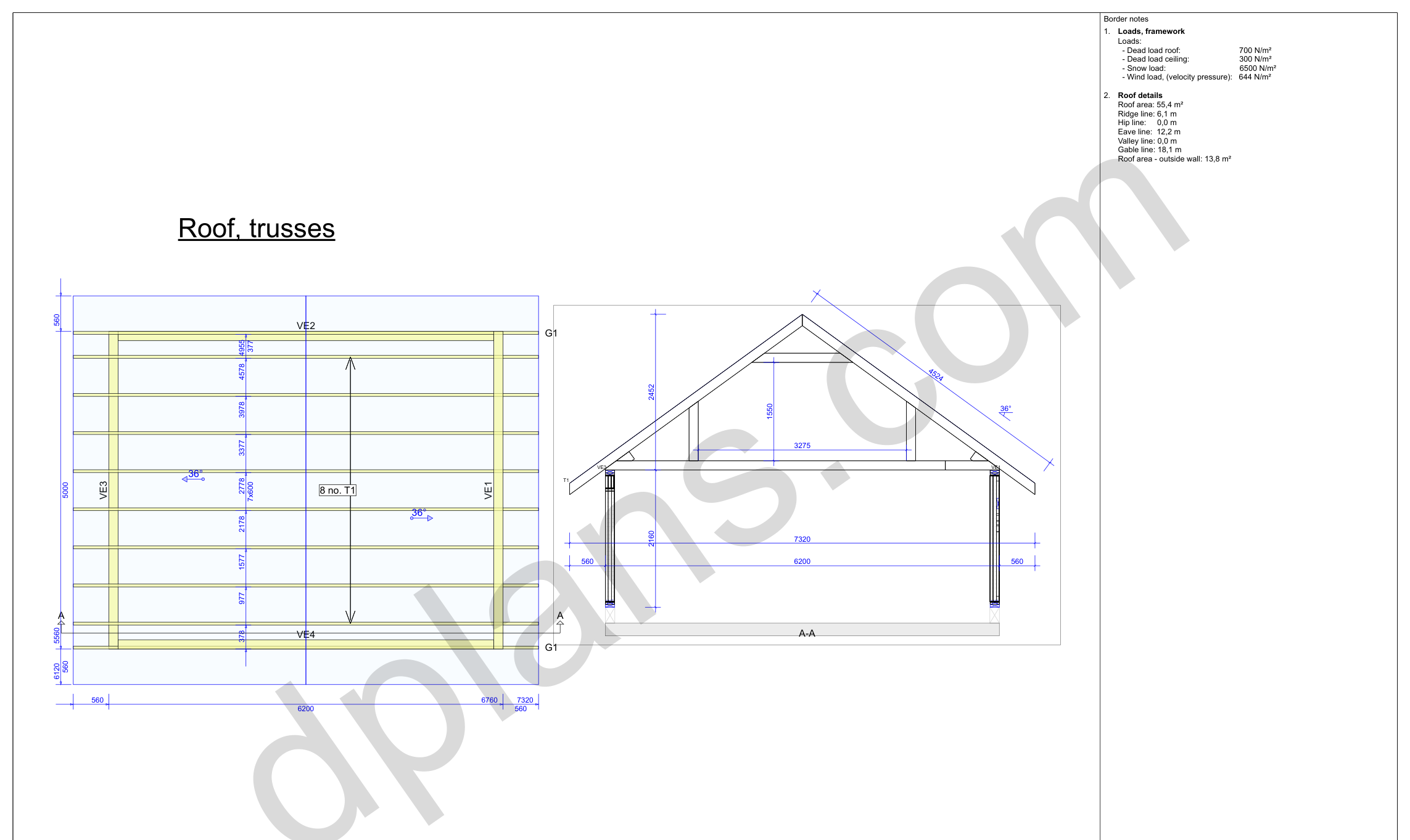 16x20 garage plans, roof truss layout plan and cross section with wall and ridge heights (metric, mm)