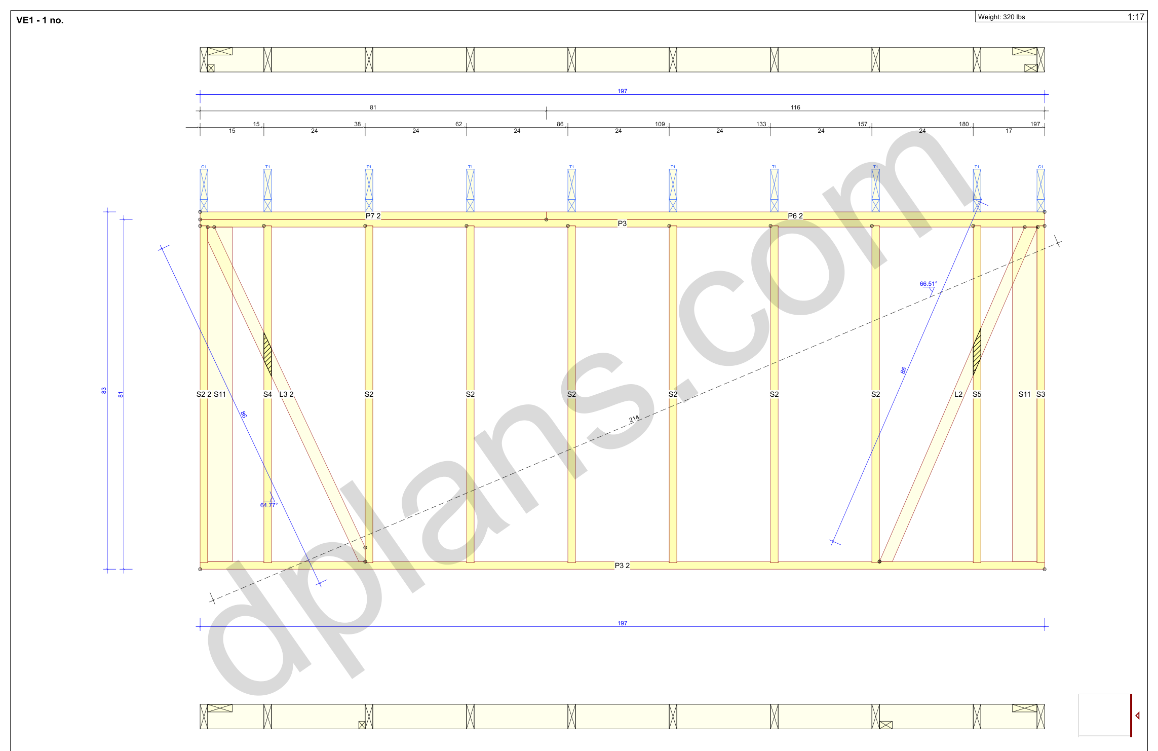 16x20 garage plans, wall panel framing elevation with stud spacing and the cut list (imperial, inches)
