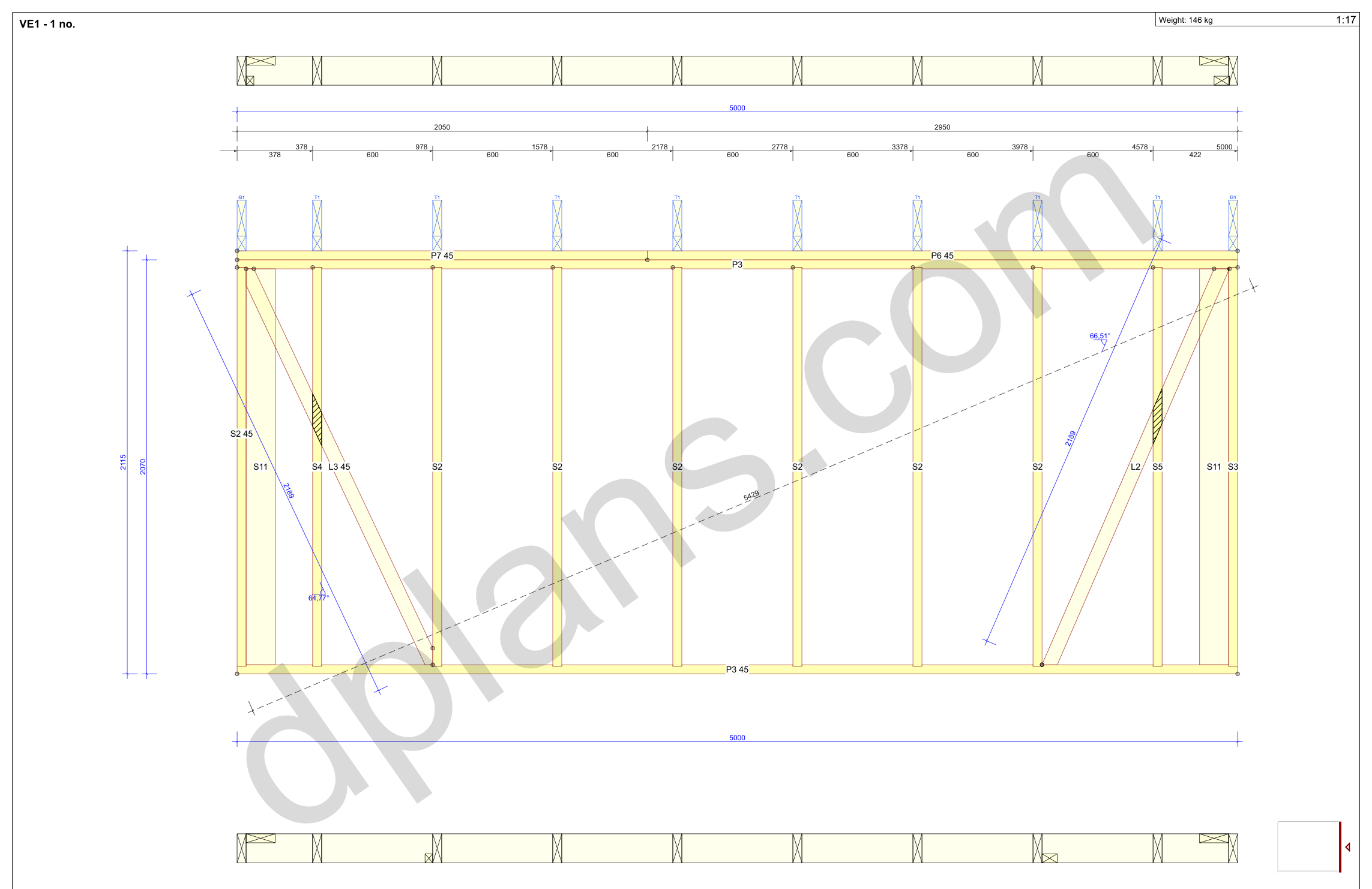 16x20 garage plans, wall panel framing elevation with stud spacing and the cut list (metric, mm)