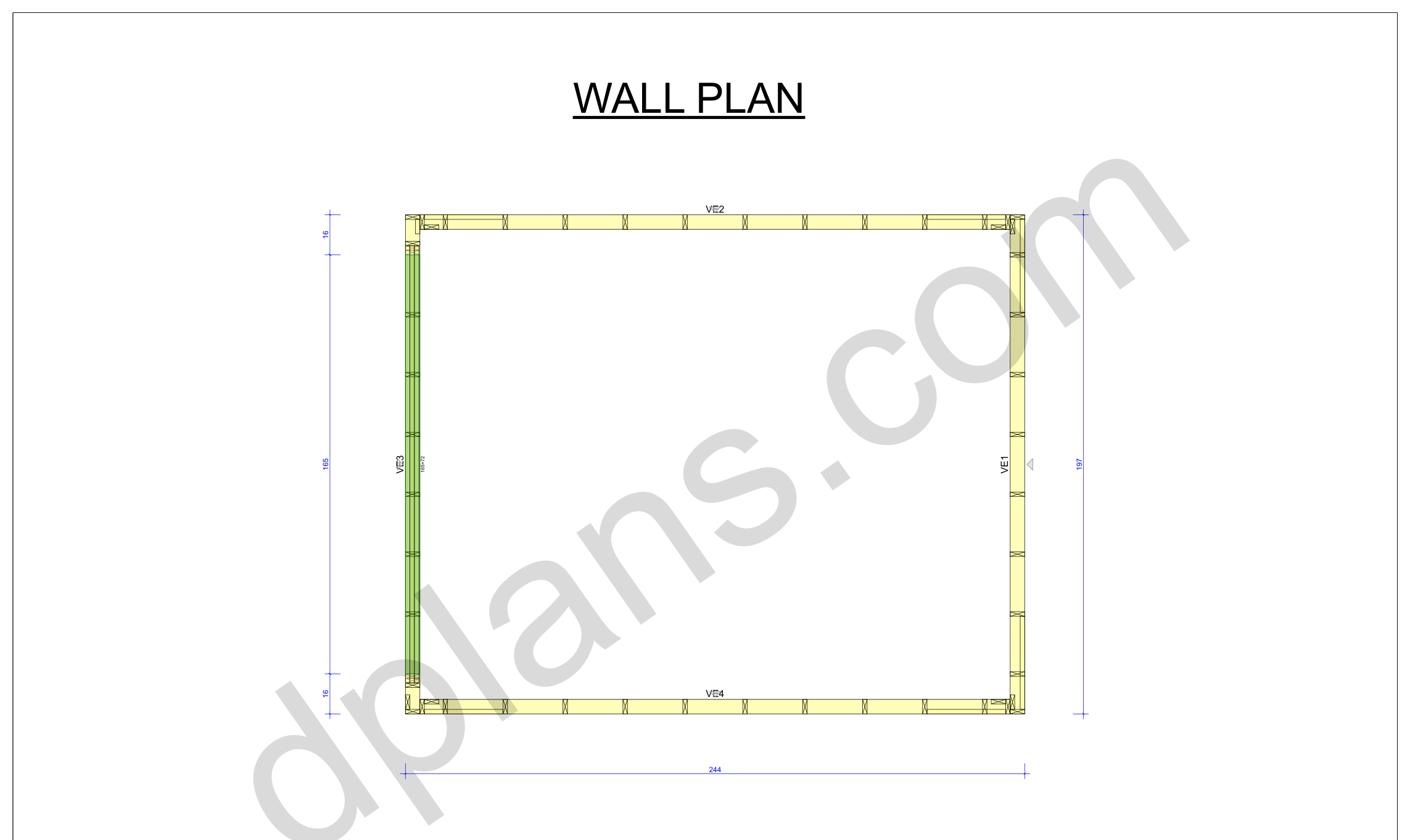 16x20 garage plans, wall layout plan with the four wall panels and the door opening (imperial, inches)