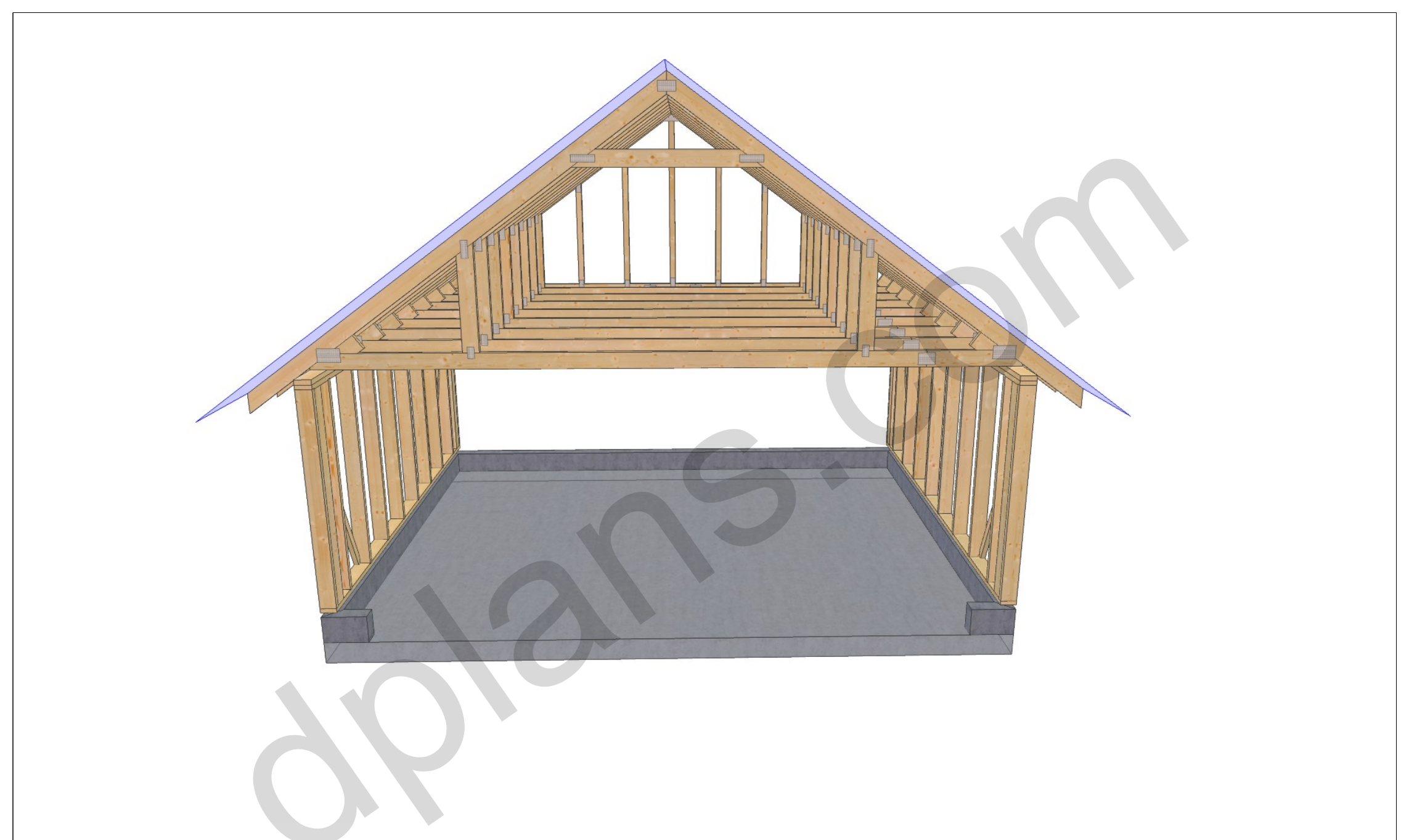 16x20 garage plans, 3D view of the timber frame with the garage door opening and roof trusses