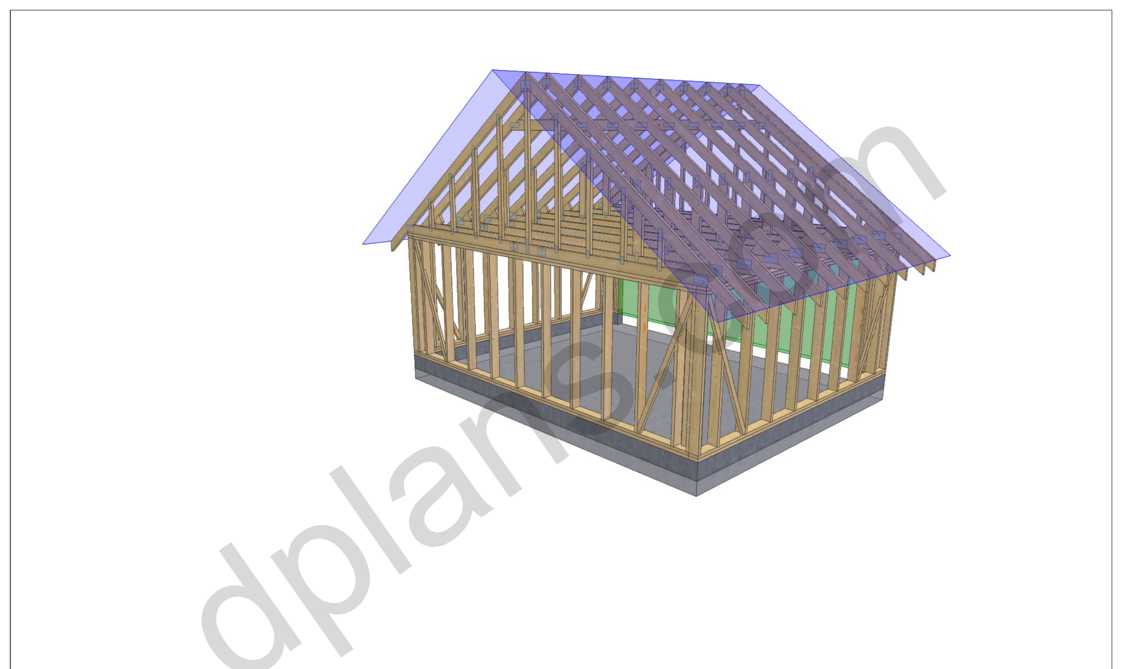 16x20 garage plans, 3D framing view of the stud walls, bracing and roof trusses over the slab