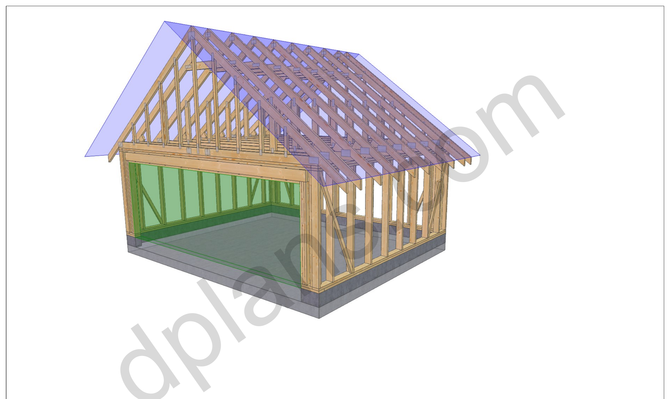 16x20 garage plans, 3D model of the timber frame garage with roof trusses on a concrete slab