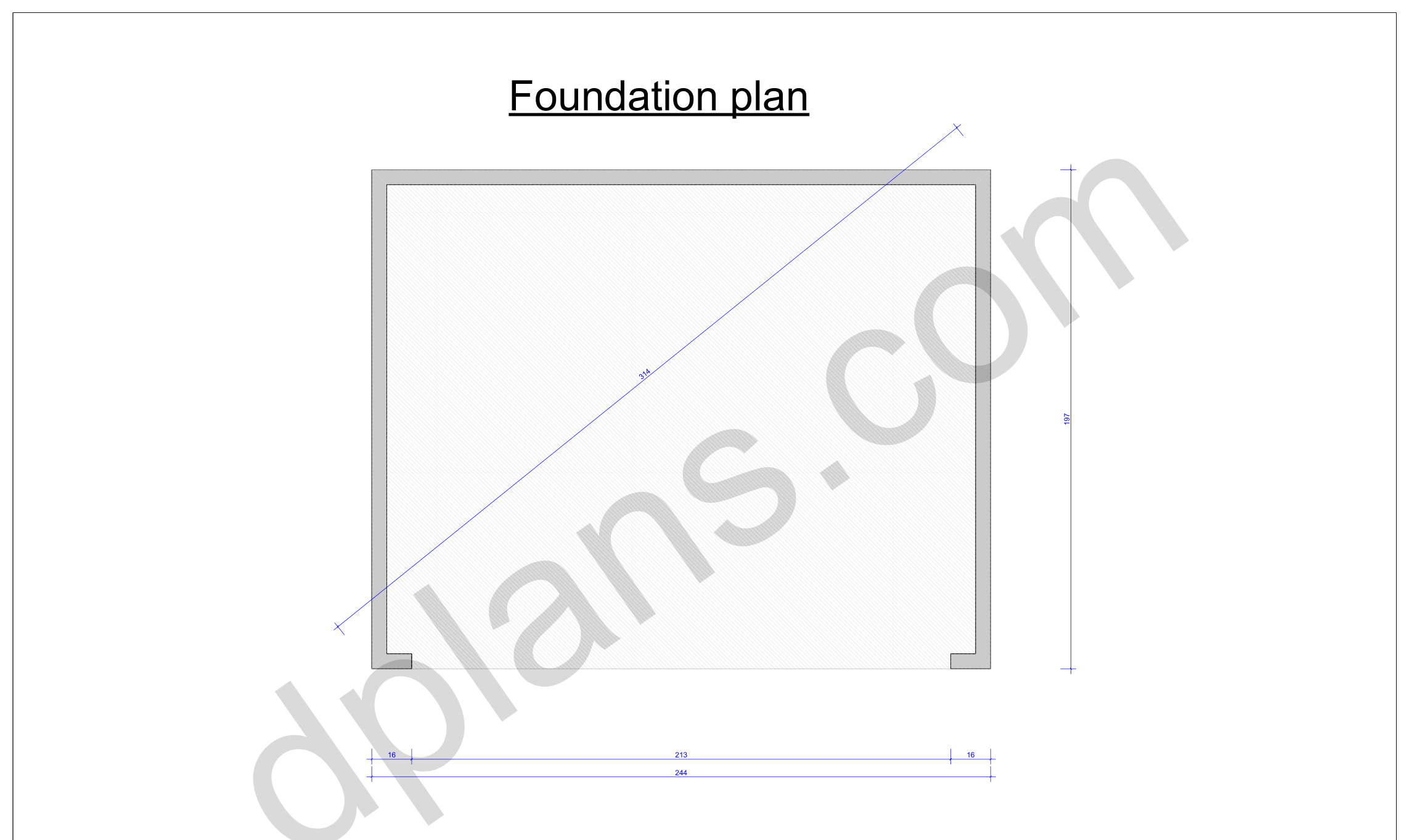 16x20 garage plans, foundation plan with the concrete slab outline and diagonal check (imperial, inches)