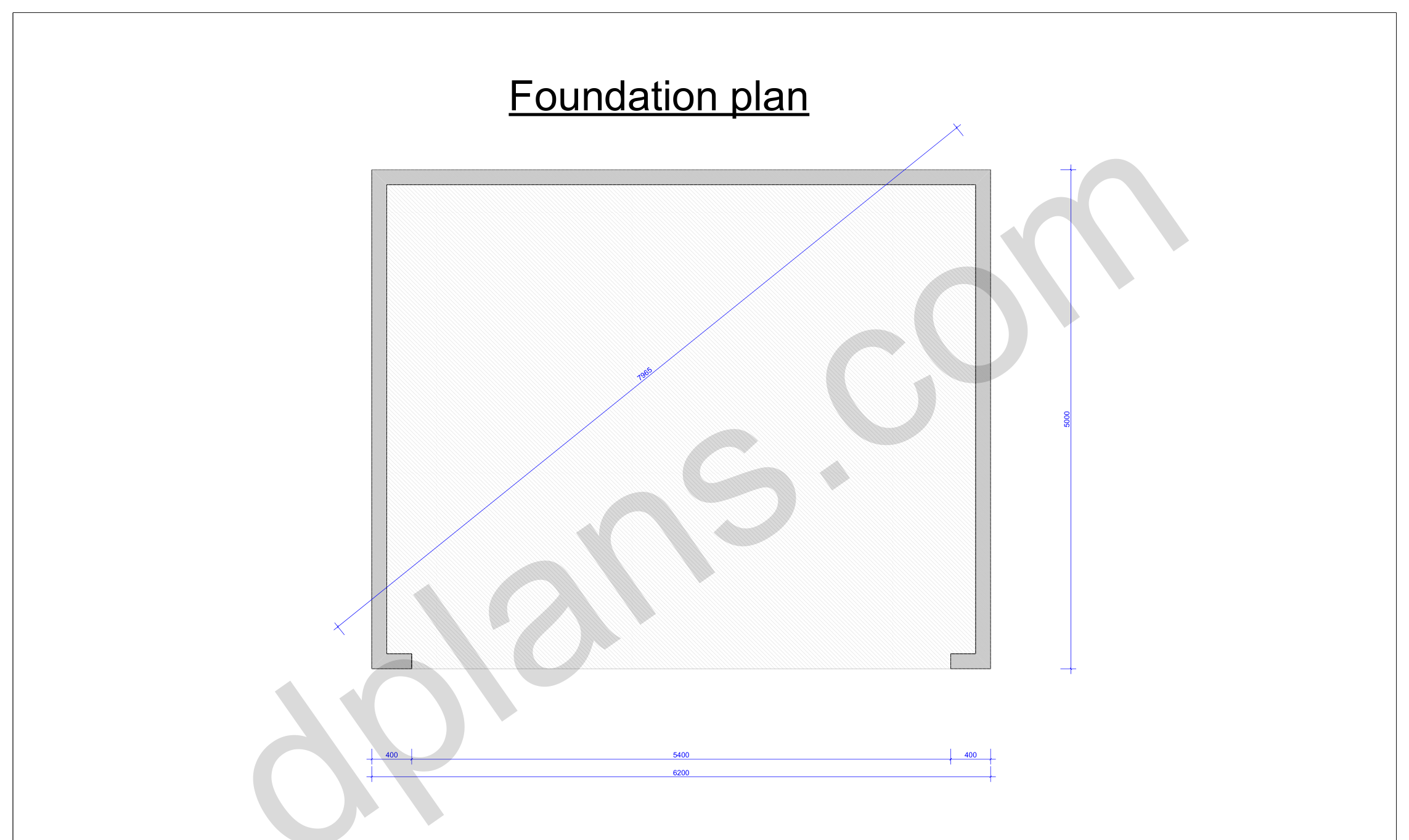 16x20 garage plans, foundation plan with the concrete slab outline and diagonal check (metric, mm)
