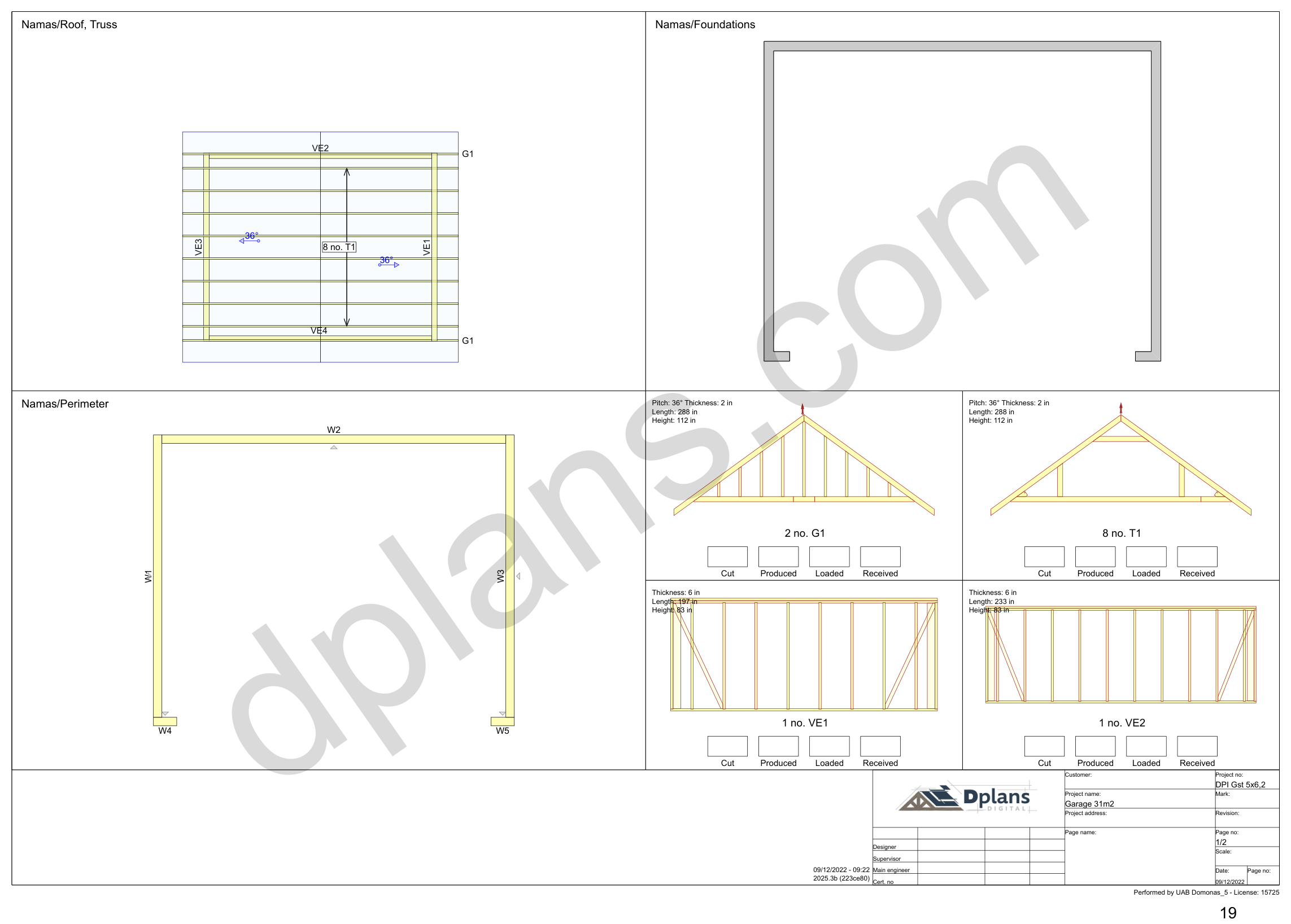 16x20 garage plans, overview sheet with the truss plan, foundation, perimeter and wall panels (imperial, inches)