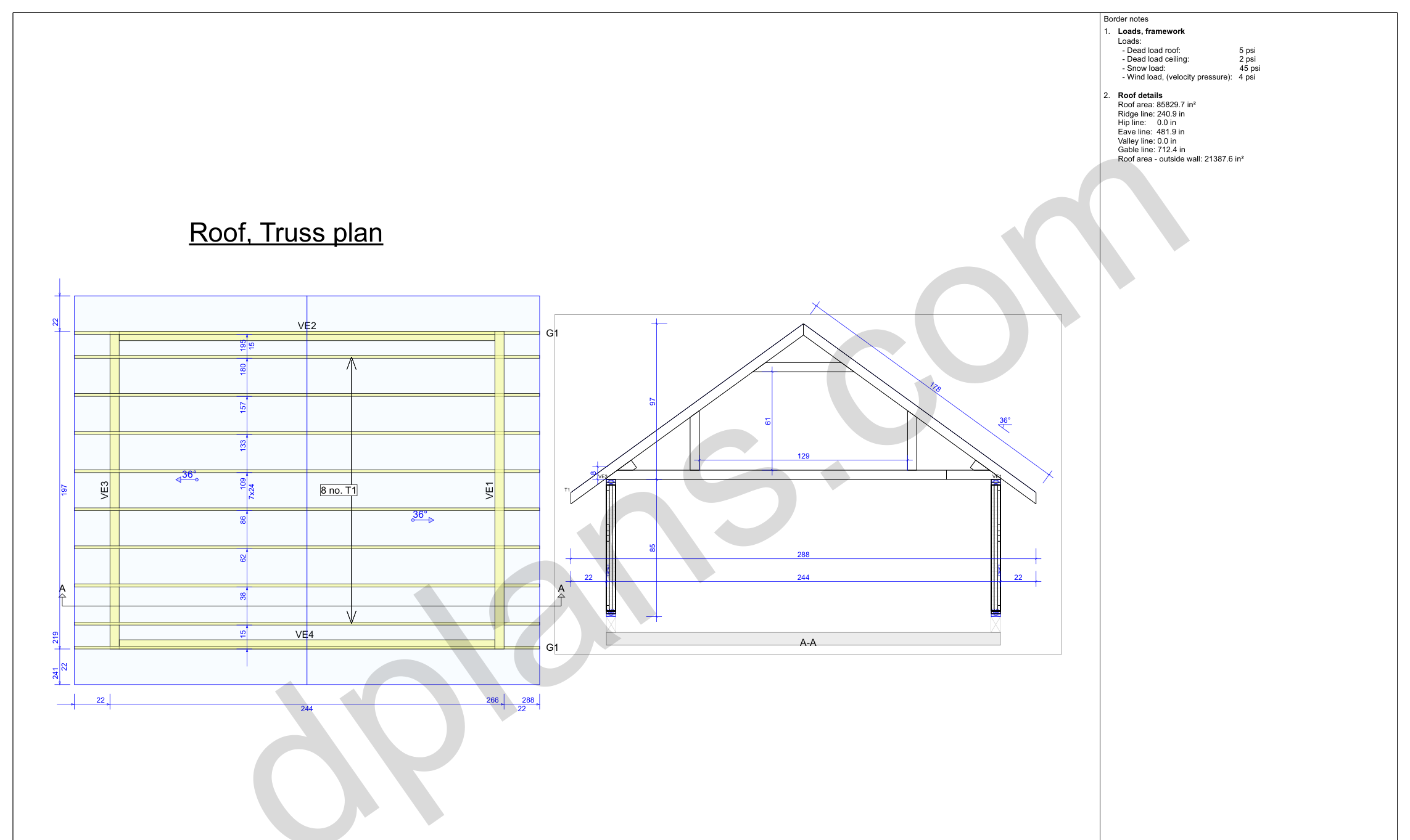 16x20 garage plans, roof truss layout plan and cross section with wall and ridge heights (imperial, inches)