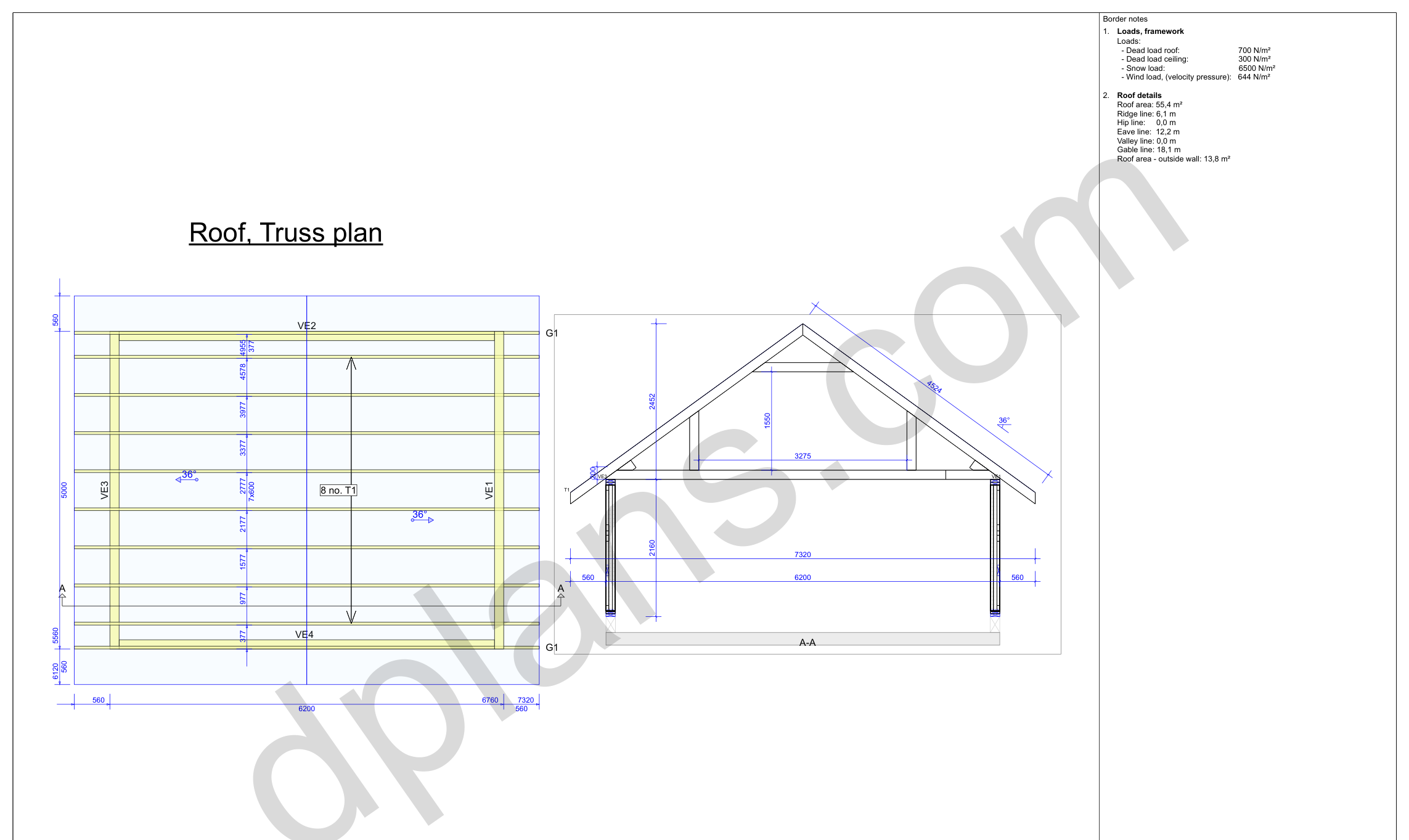 16x20 garage plans, roof truss layout plan and cross section with wall and ridge heights (metric, mm)