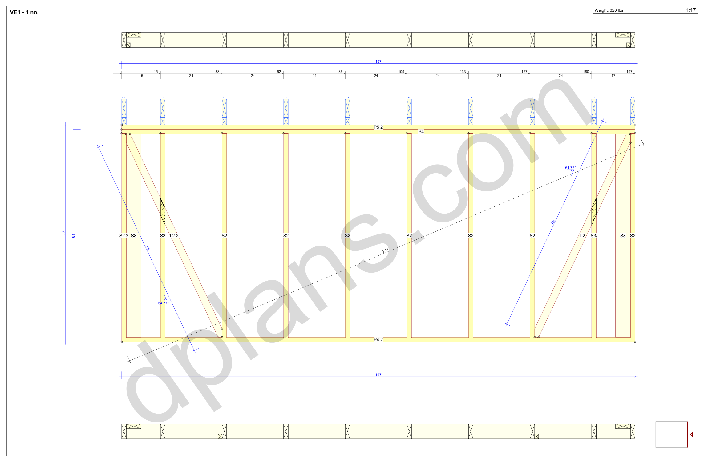 16x20 garage plans, wall panel framing elevation with stud spacing and the cut list (imperial, inches)