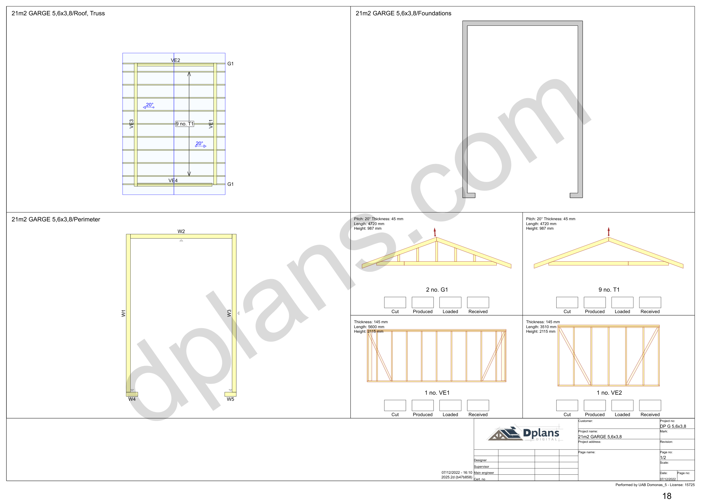 18x13 garage blueprints with roof truss layout, foundation plan, wall panels and truss details in metric (mm)