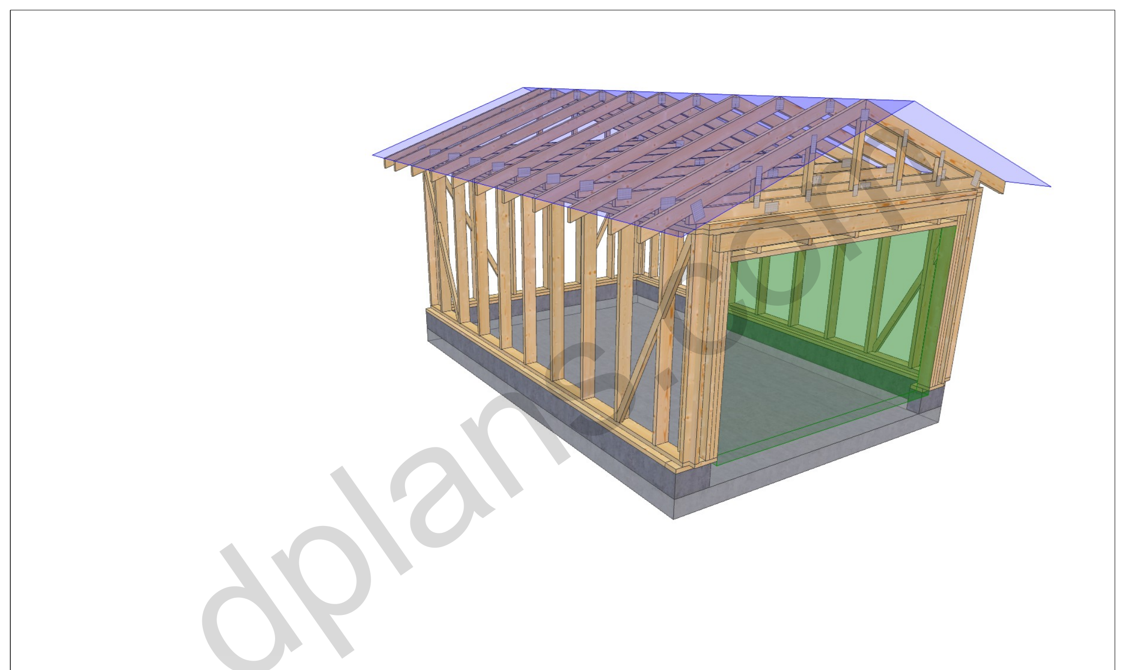 18x13 garage plans, 3D model of a single car timber frame garage with gable roof trusses on a concrete slab