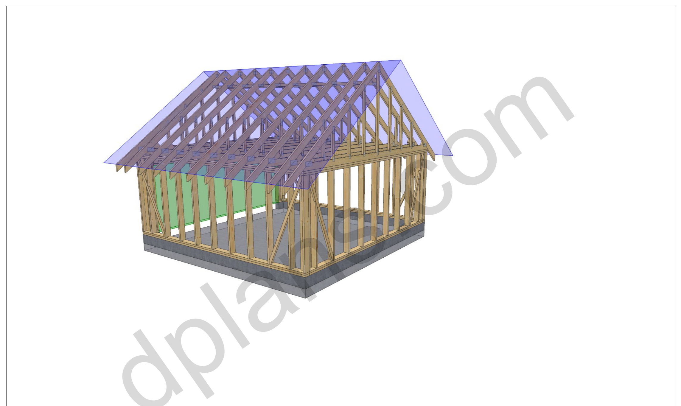 18x18 garage plans, 3D view of the timber frame with the garage door opening and roof trusses