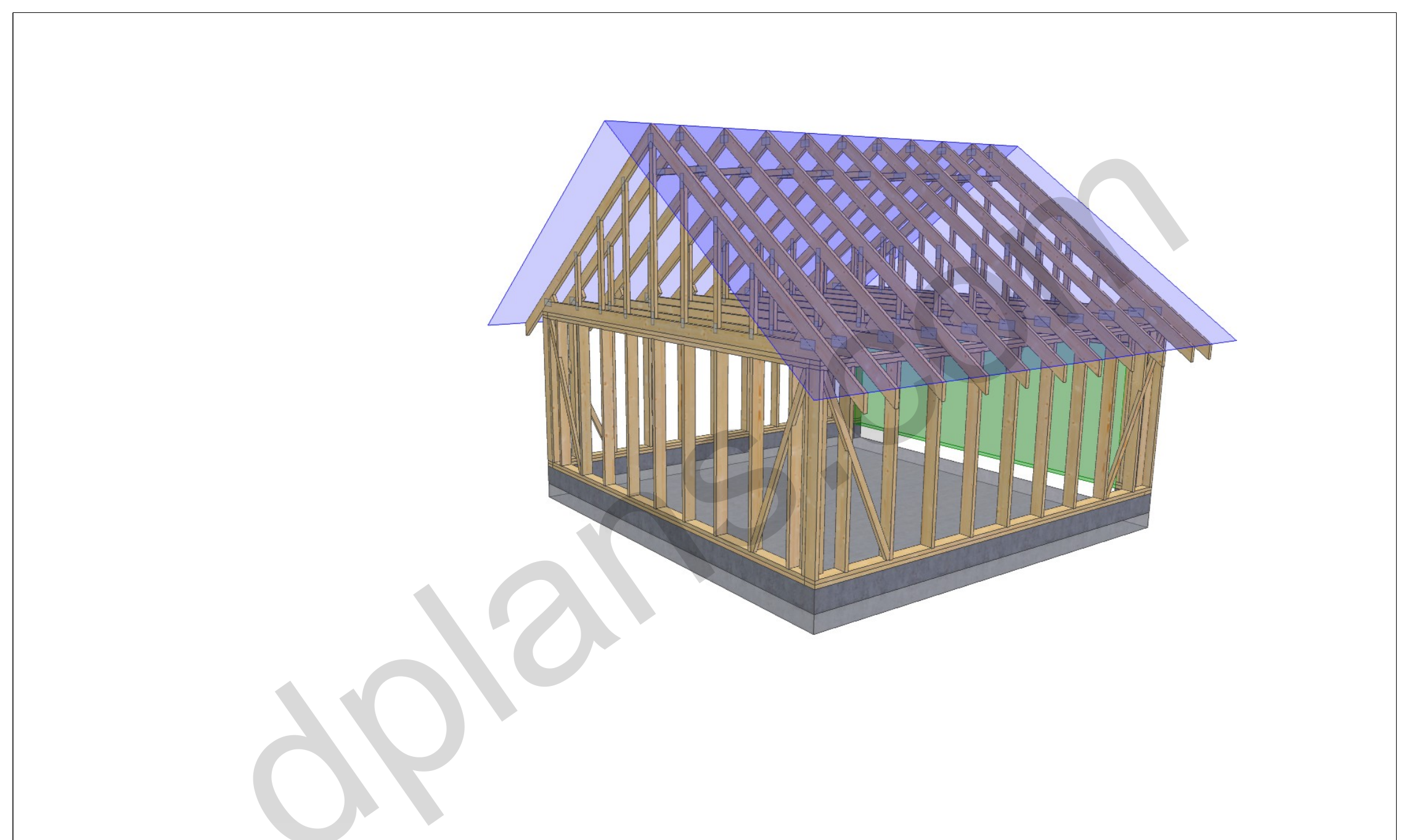 18x18 garage plans, 3D framing view of the stud walls, bracing and roof trusses over the slab