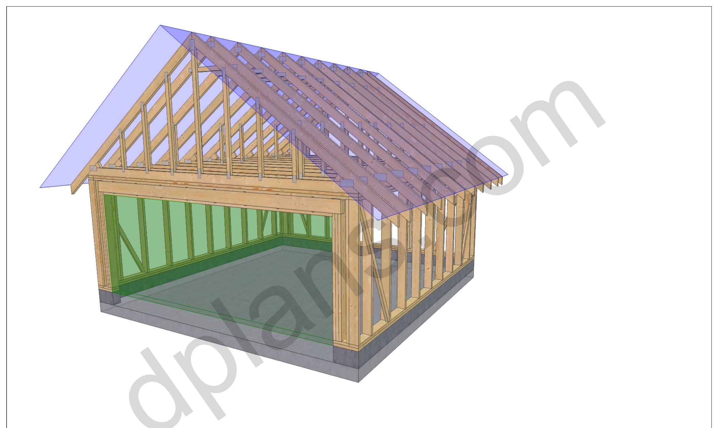 18x18 garage plans, 3D model of the timber frame garage with roof trusses on a concrete slab