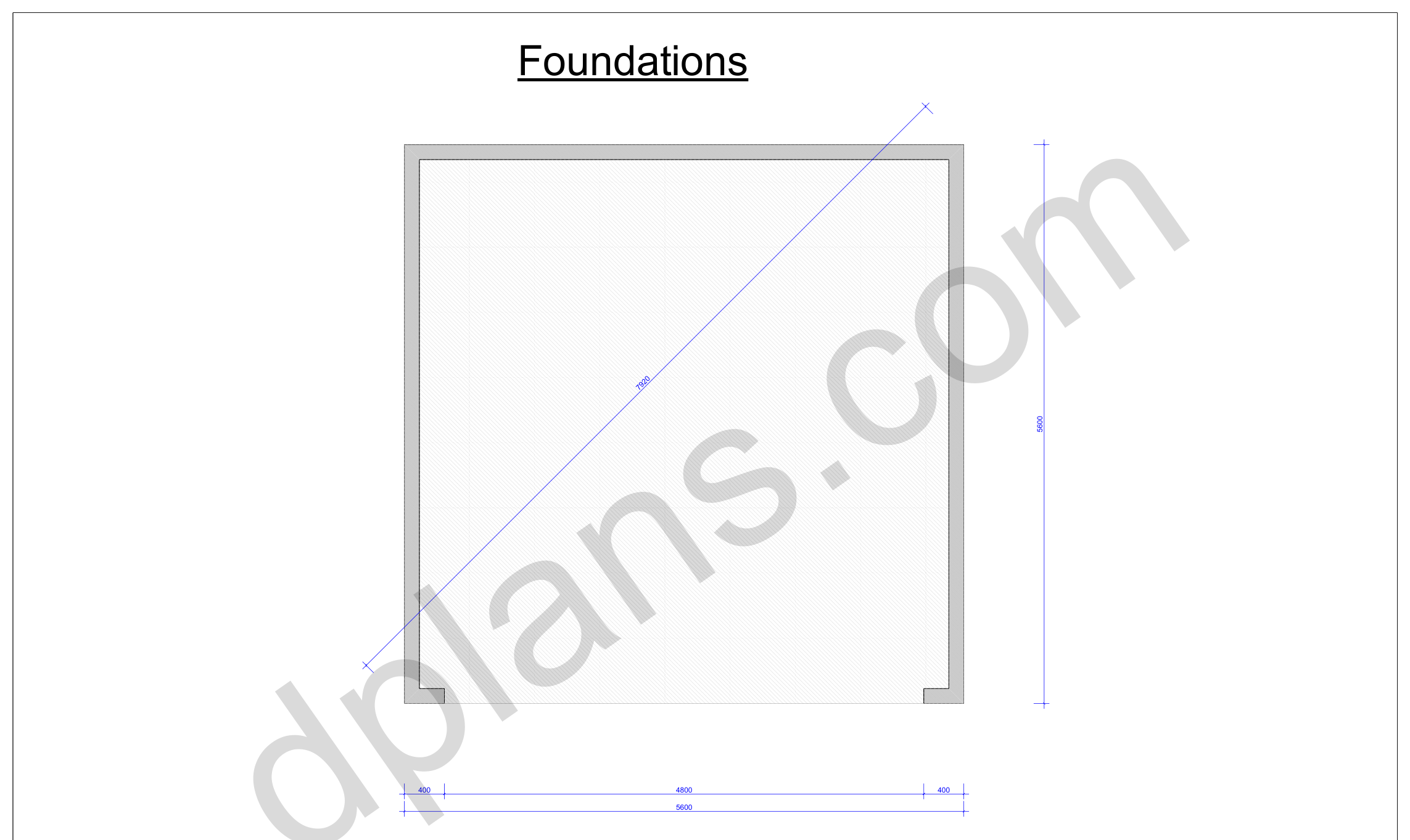 18x18 garage plans, foundation plan with the concrete slab outline and diagonal check (metric, mm)