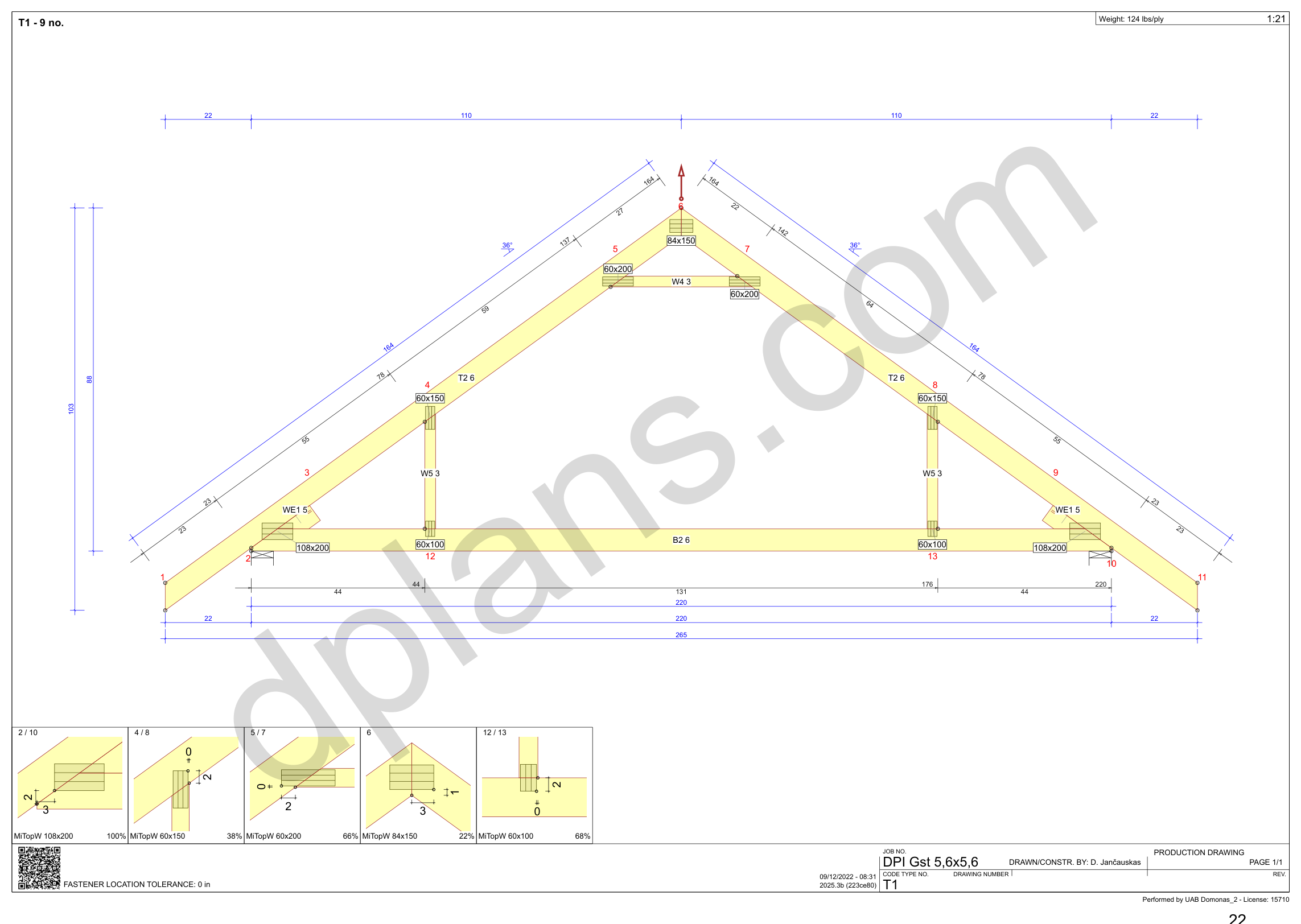 18x18 garage plans, roof truss drawing with chord and web sizes and the cutting list (imperial, inches)
