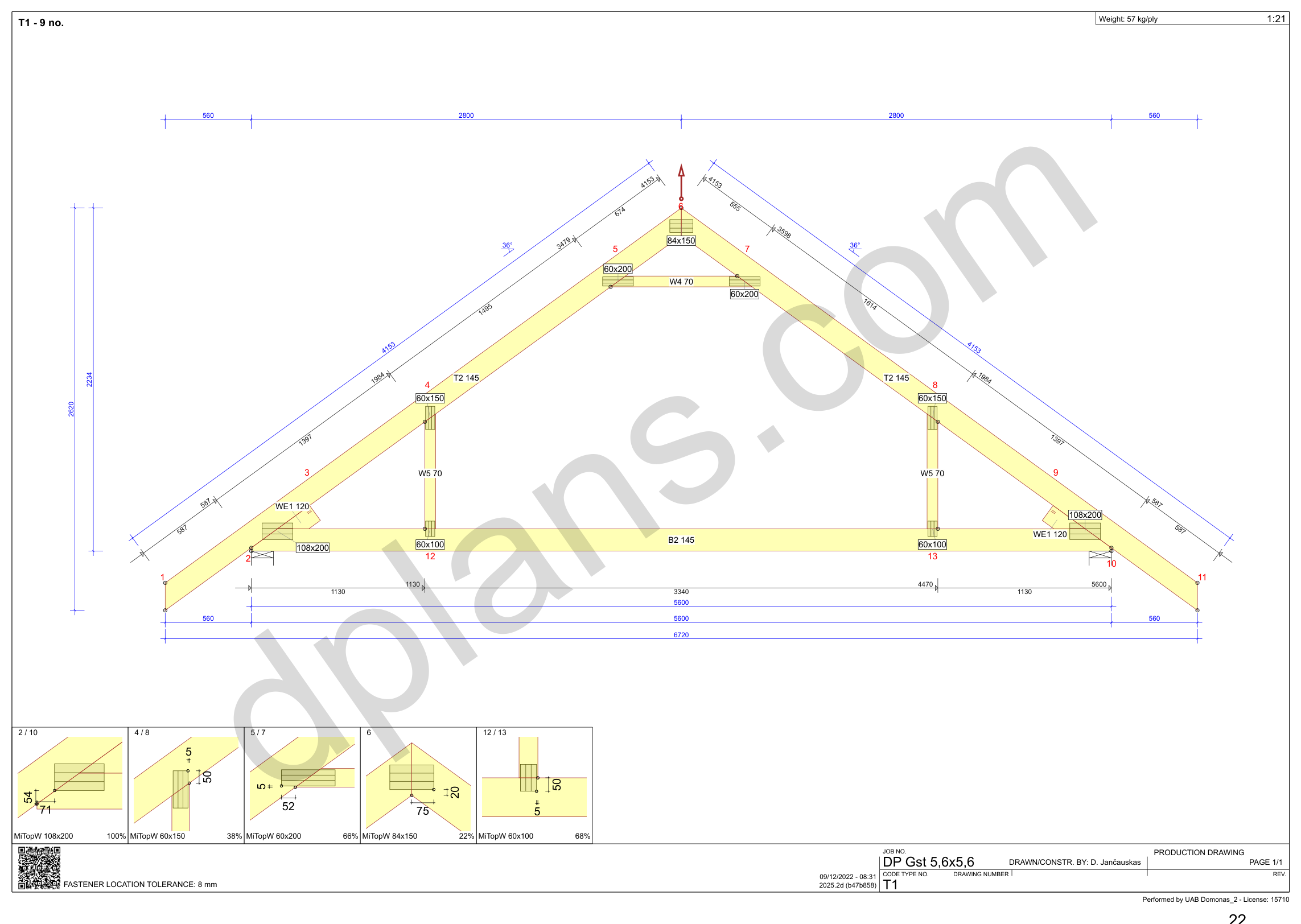 18x18 garage plans, roof truss drawing with chord and web sizes and the cutting list (metric, mm)