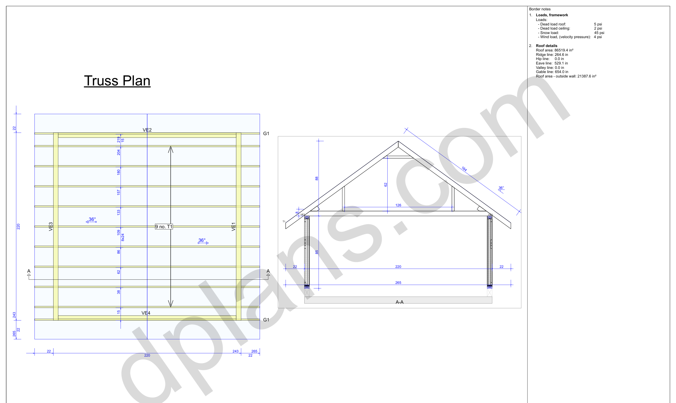 18x18 garage plans, roof truss layout plan and cross section with wall and ridge heights (imperial, inches)