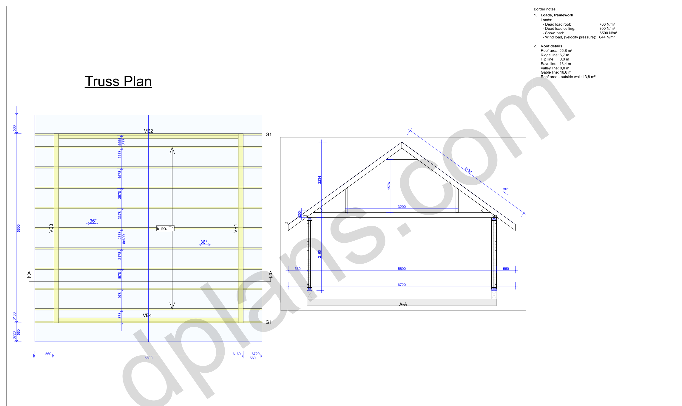 18x18 garage plans, roof truss layout plan and cross section with wall and ridge heights (metric, mm)