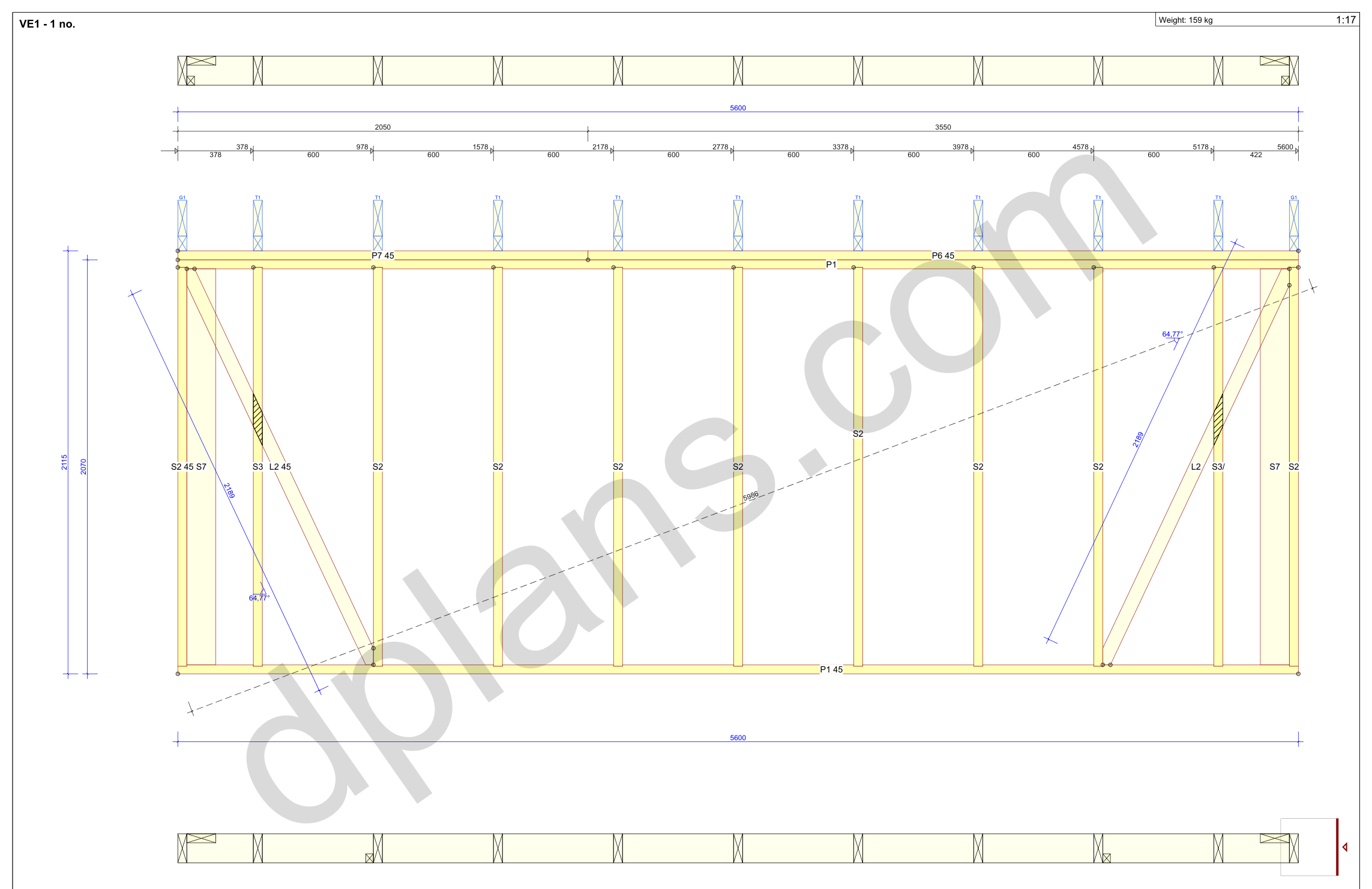 18x18 garage plans, wall panel framing elevation with stud spacing and the cut list (metric, mm)