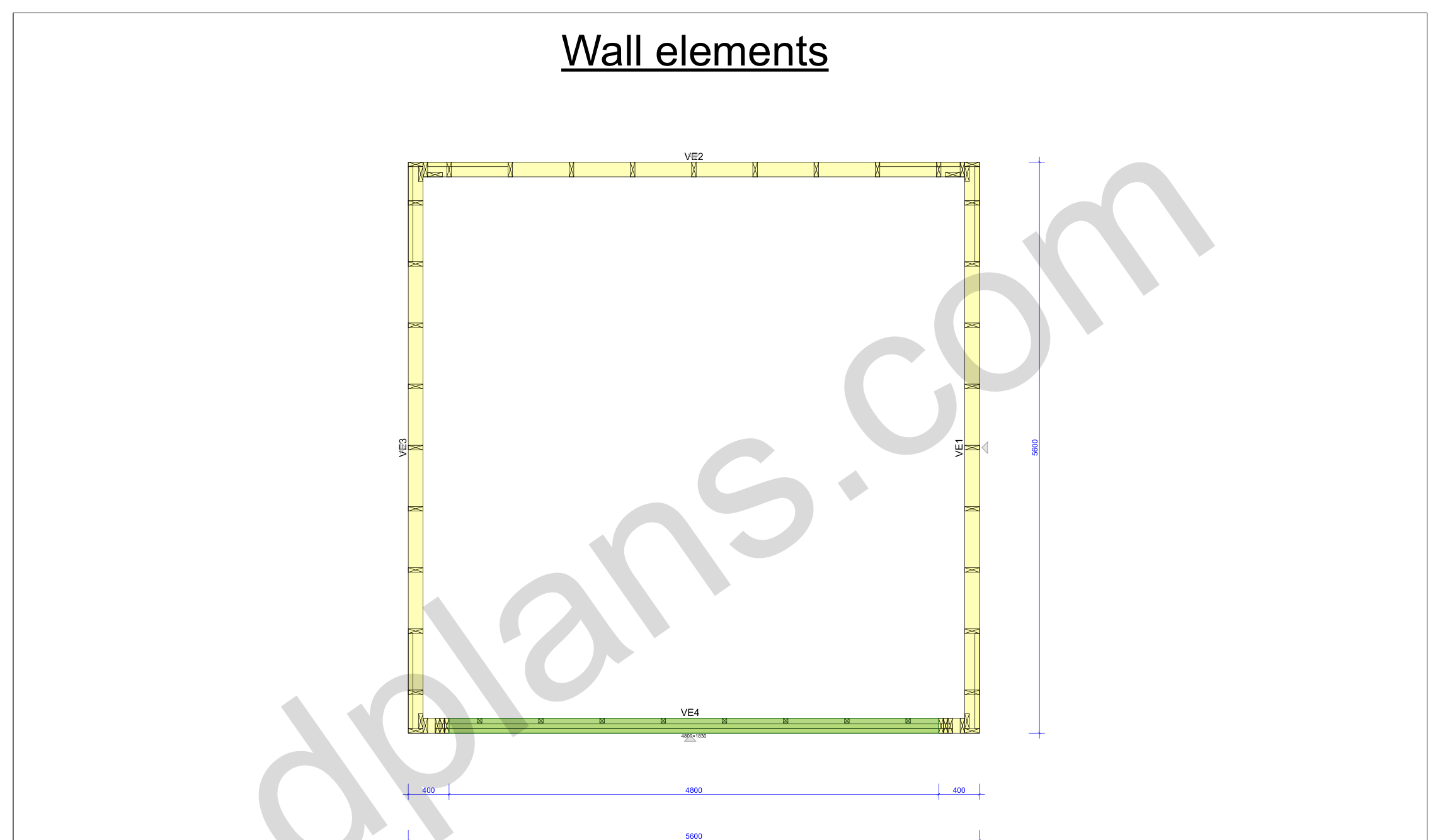 18x18 garage plans, wall layout plan with the four wall panels and the door opening (metric, mm)