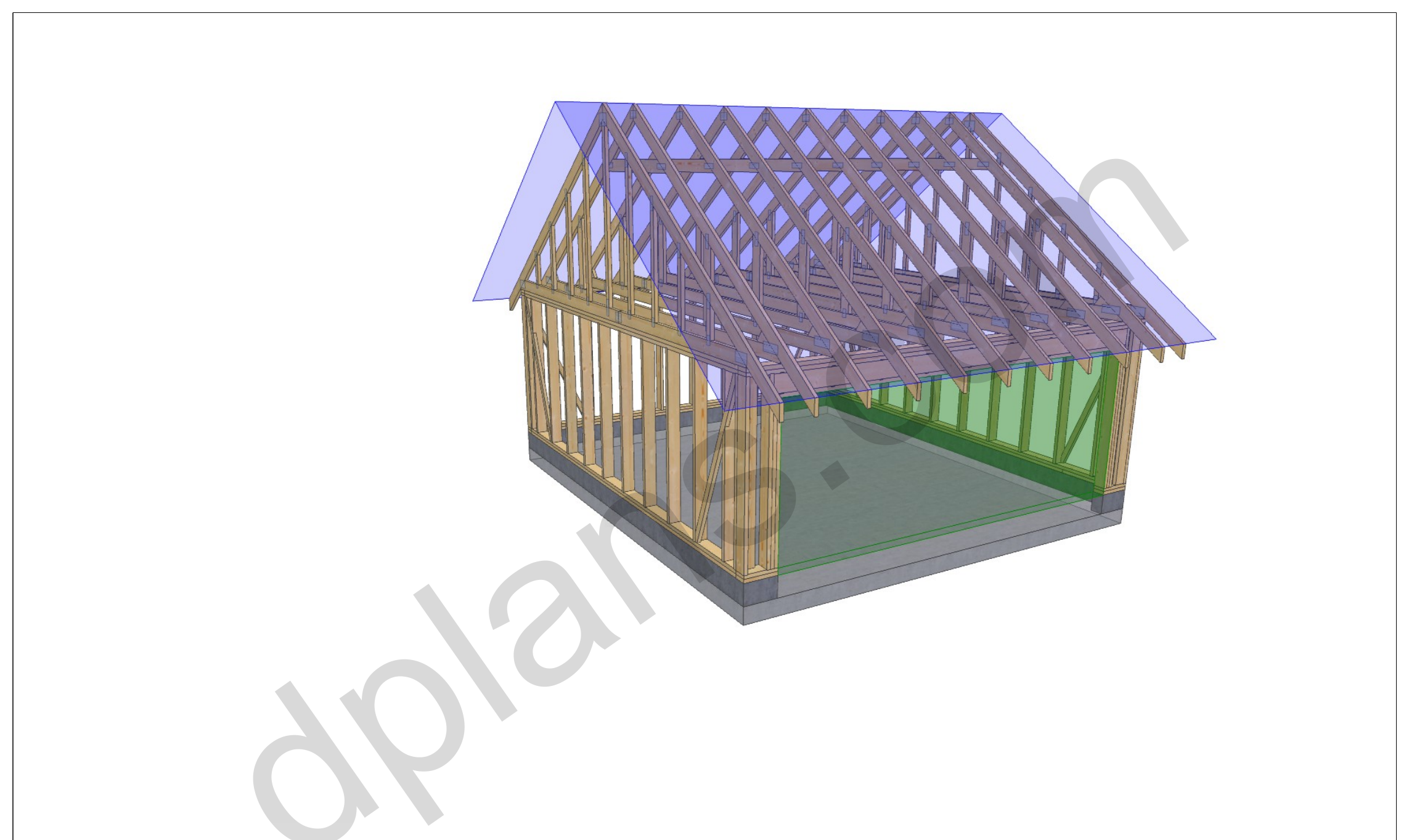 Garagen-Bauplan 5,6 x 6,2 m, 3D-Ansicht des Holzrahmens mit Garagentoröffnung und Dachbindern