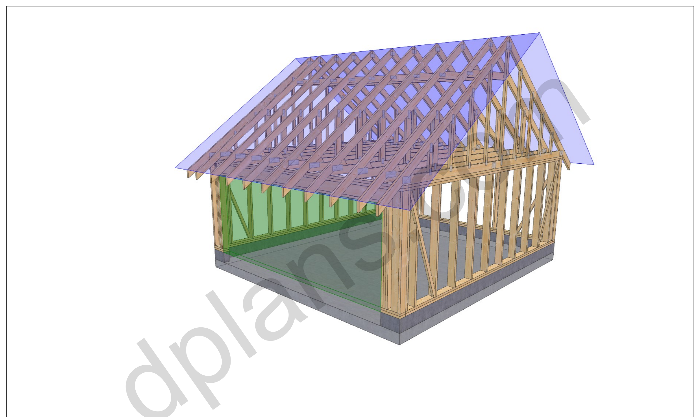 18x20 garage plans, 3D framing view of the stud walls, bracing and roof trusses over the slab