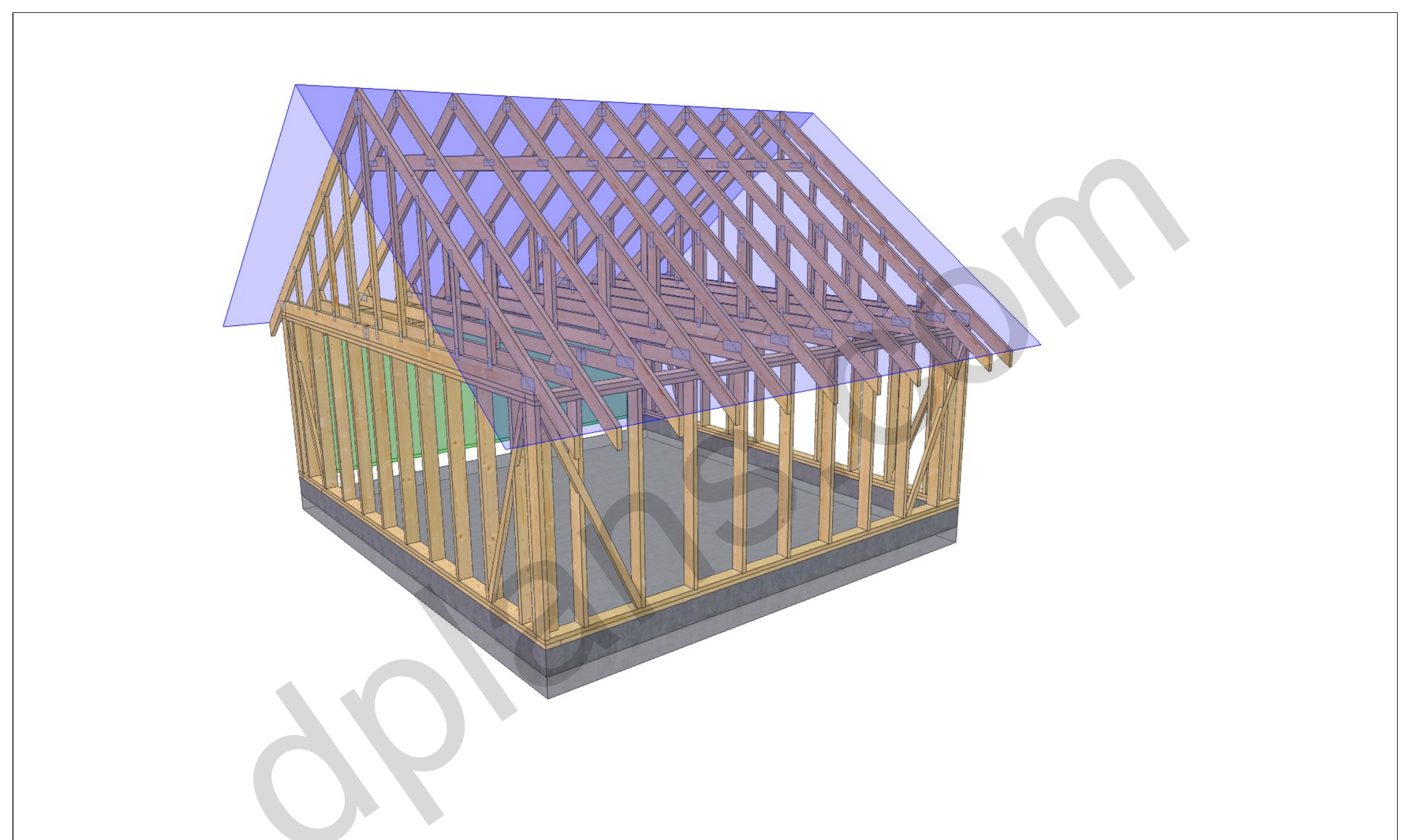 18x20 garage plans, 3D model of the timber frame garage with roof trusses on a concrete slab