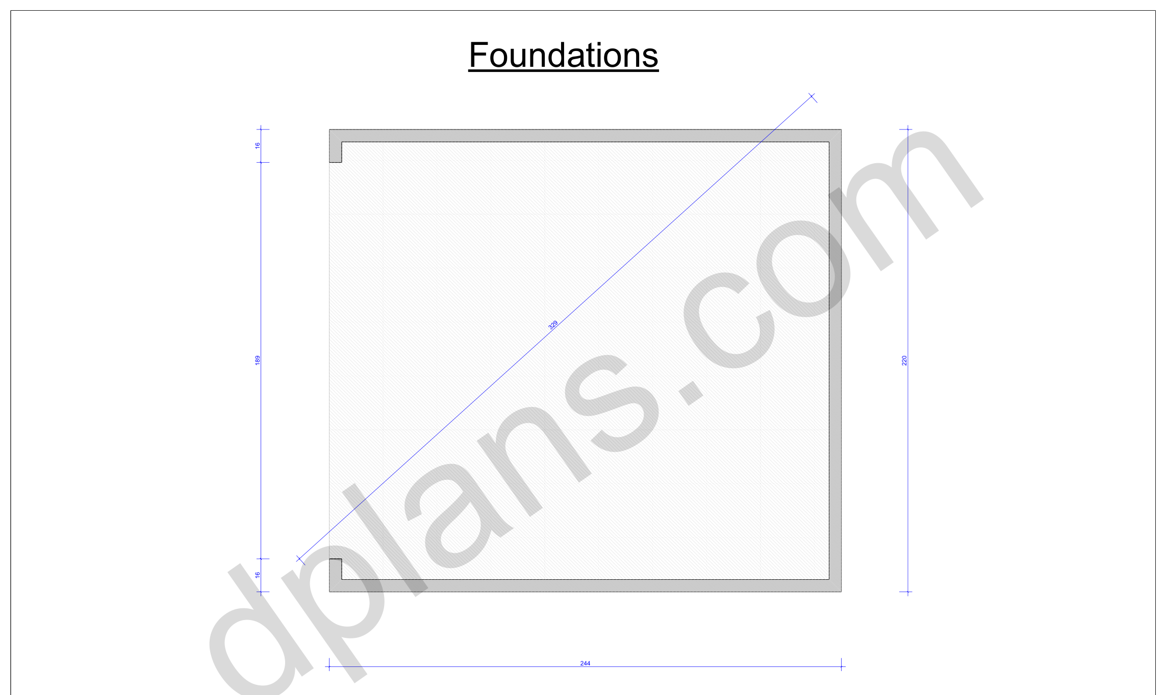 Garagen-Bauplan 5,6 x 6,2 m, Fundamentplan mit Umriss der Betonbodenplatte und Diagonalkontrolle (imperial, Zoll)