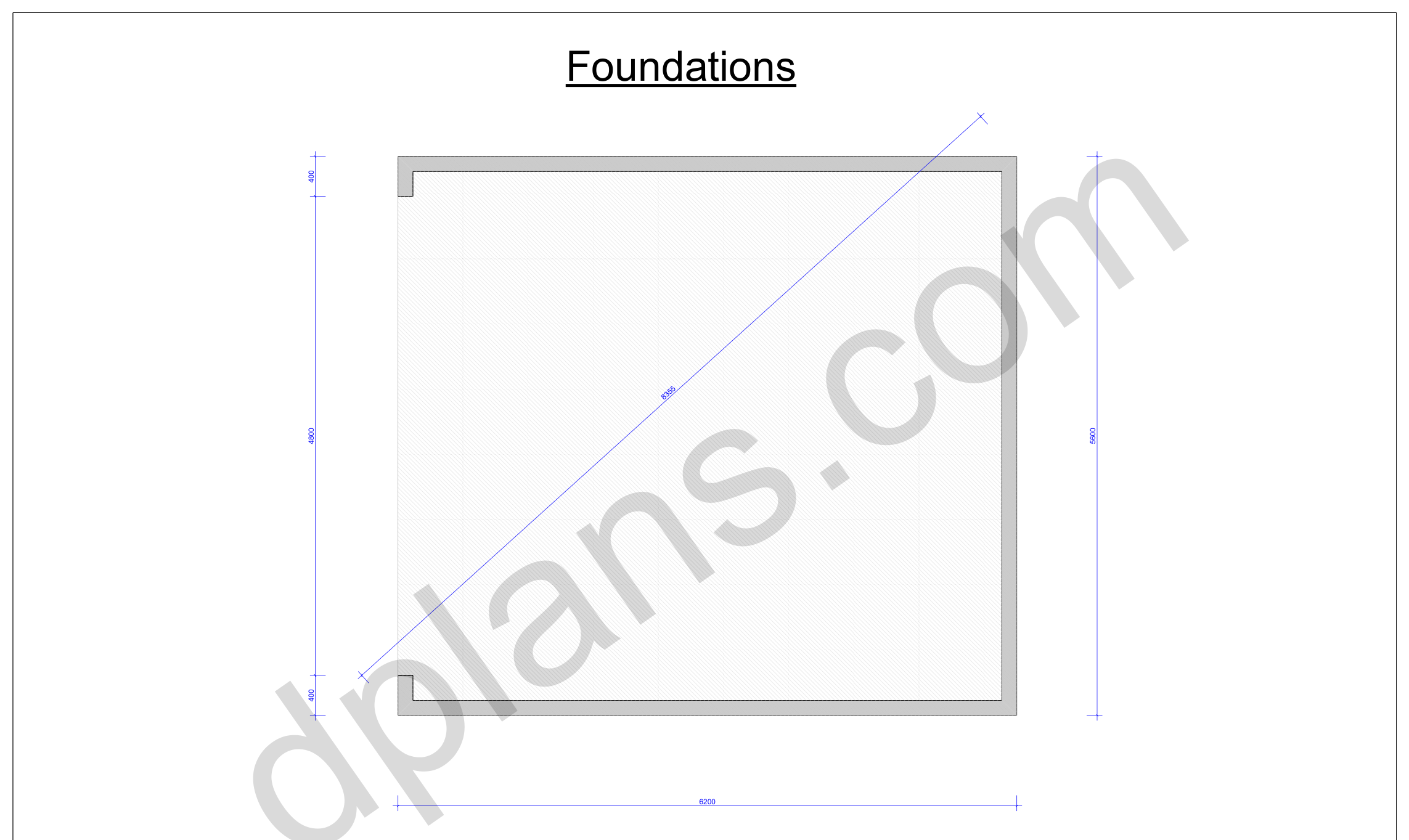 Garagen-Bauplan 5,6 x 6,2 m, Fundamentplan mit Umriss der Betonbodenplatte und Diagonalkontrolle (metrisch, mm)