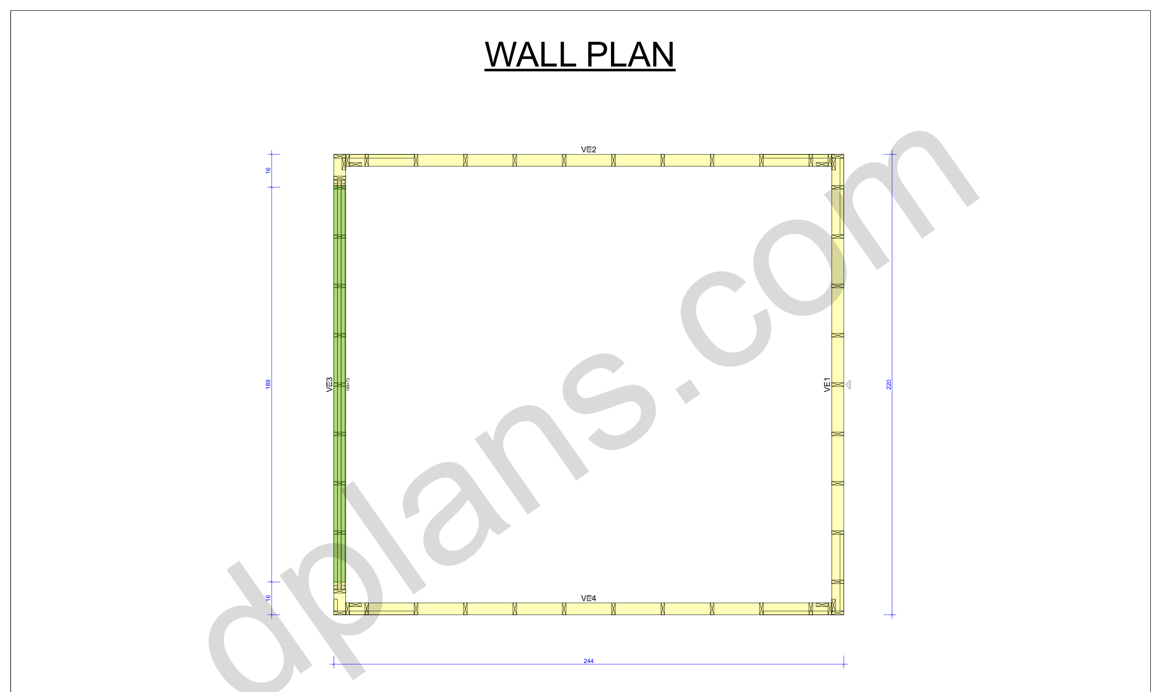 Garagen-Bauplan 5,6 x 6,2 m, Wandplan mit den vier Wandelementen und der Toröffnung (imperial, Zoll)