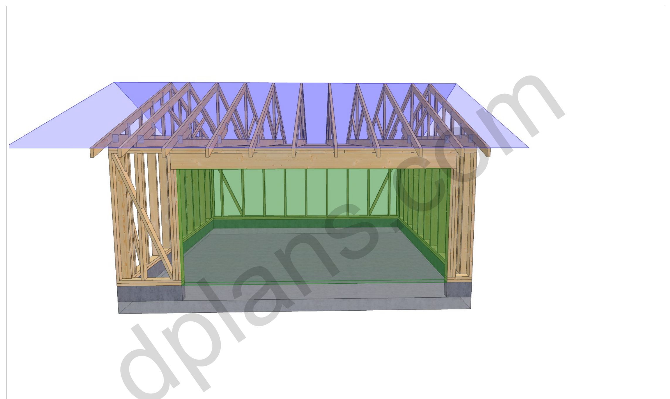 18x20 garage plans, 3D view of the timber frame with the garage door opening and roof trusses