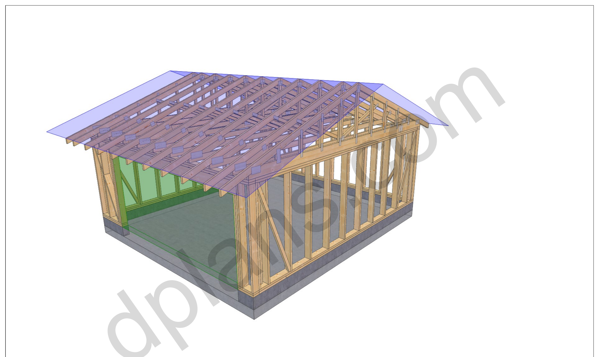18x20 garage plans, 3D framing view of the stud walls, bracing and roof trusses over the slab