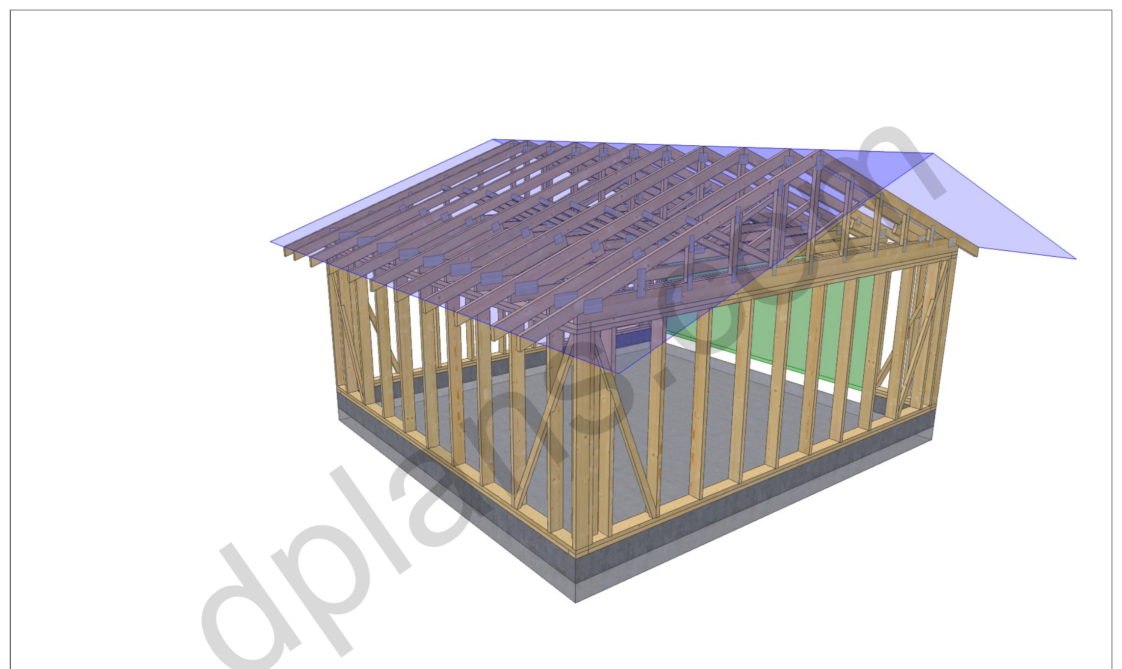 18x20 garage plans, 3D model of the timber frame garage with roof trusses on a concrete slab