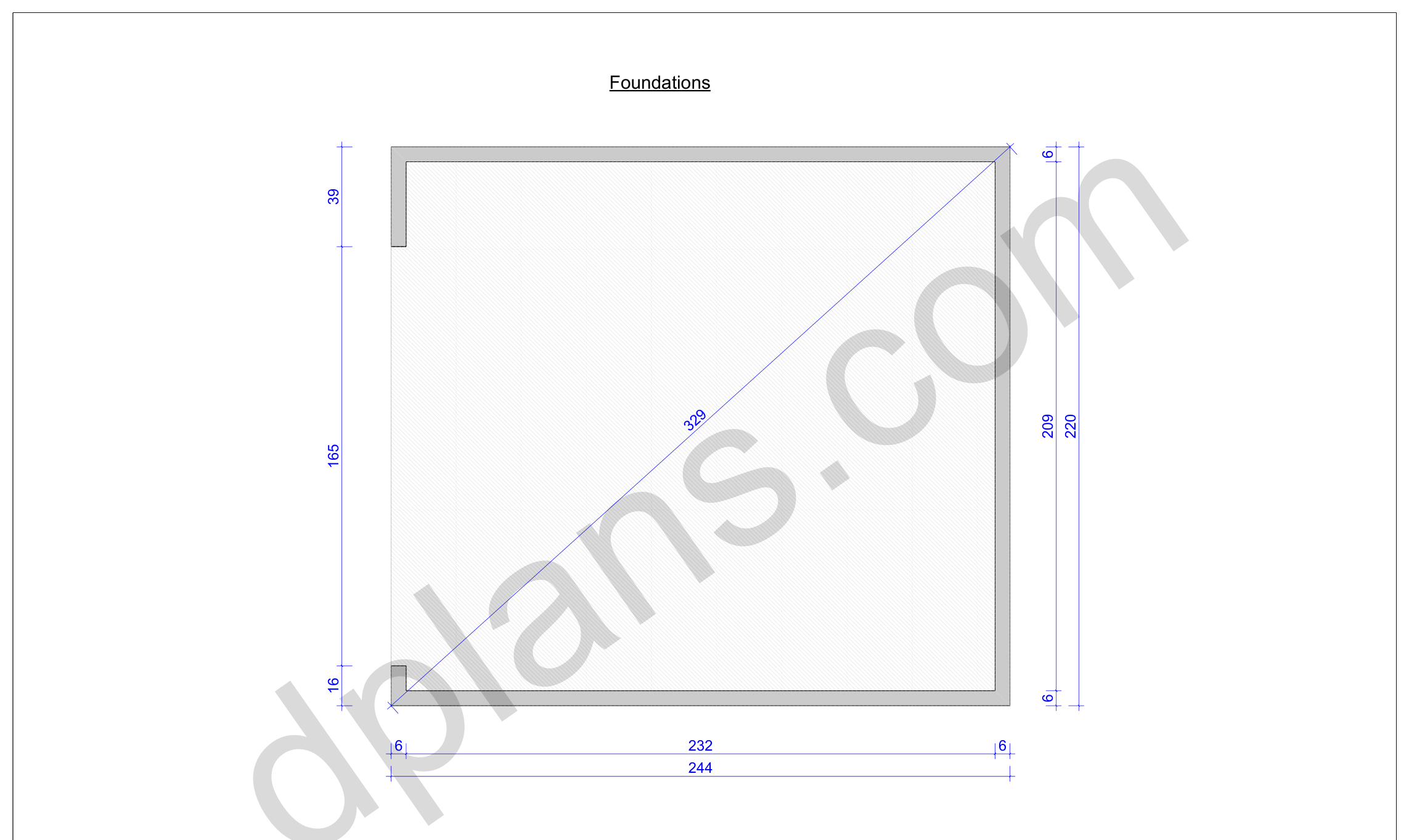 18x20 garage plans, foundation plan with the concrete slab outline and diagonal check (imperial, inches)