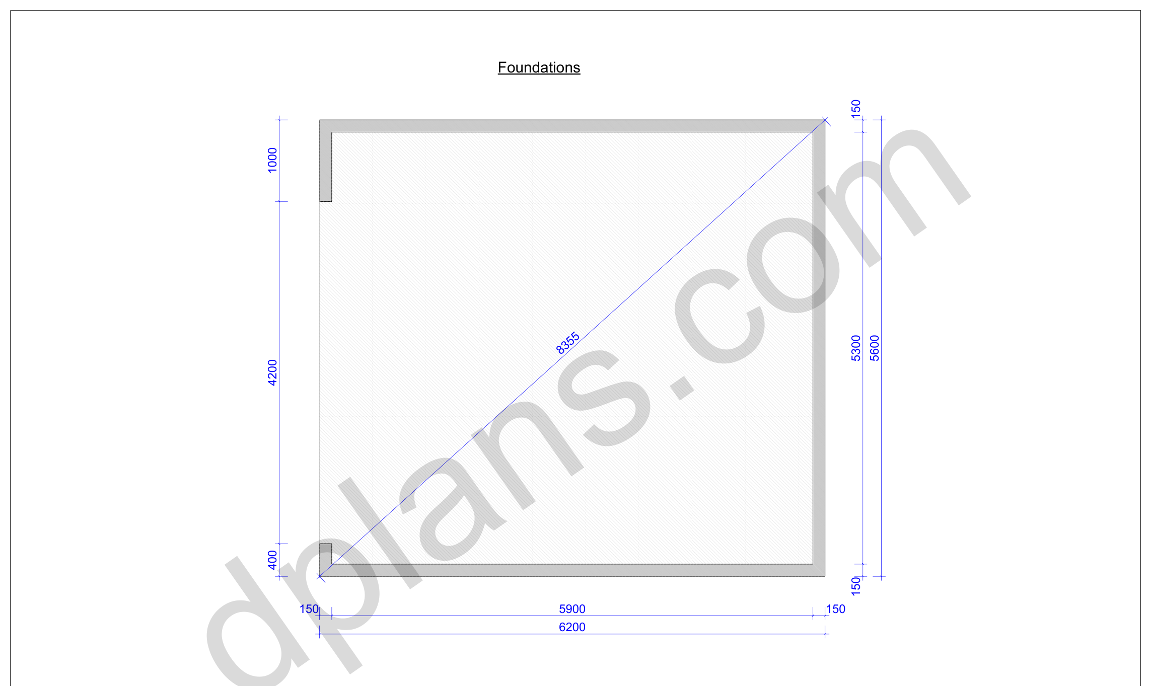 18x20 garage plans, foundation plan with the concrete slab outline and diagonal check (metric, mm)