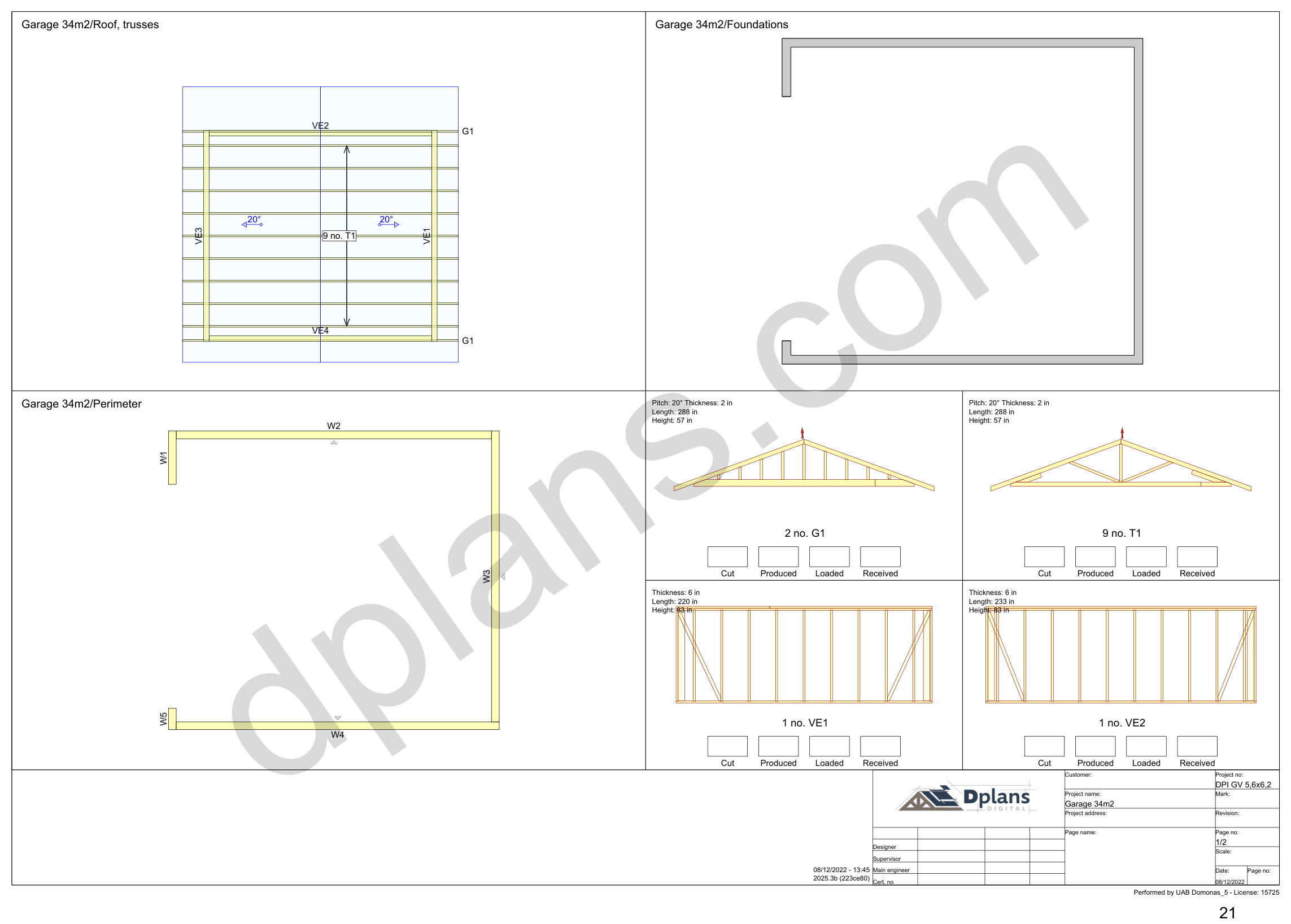 18x20 garage plans, overview sheet with the truss plan, foundation, perimeter and wall panels (imperial, inches)