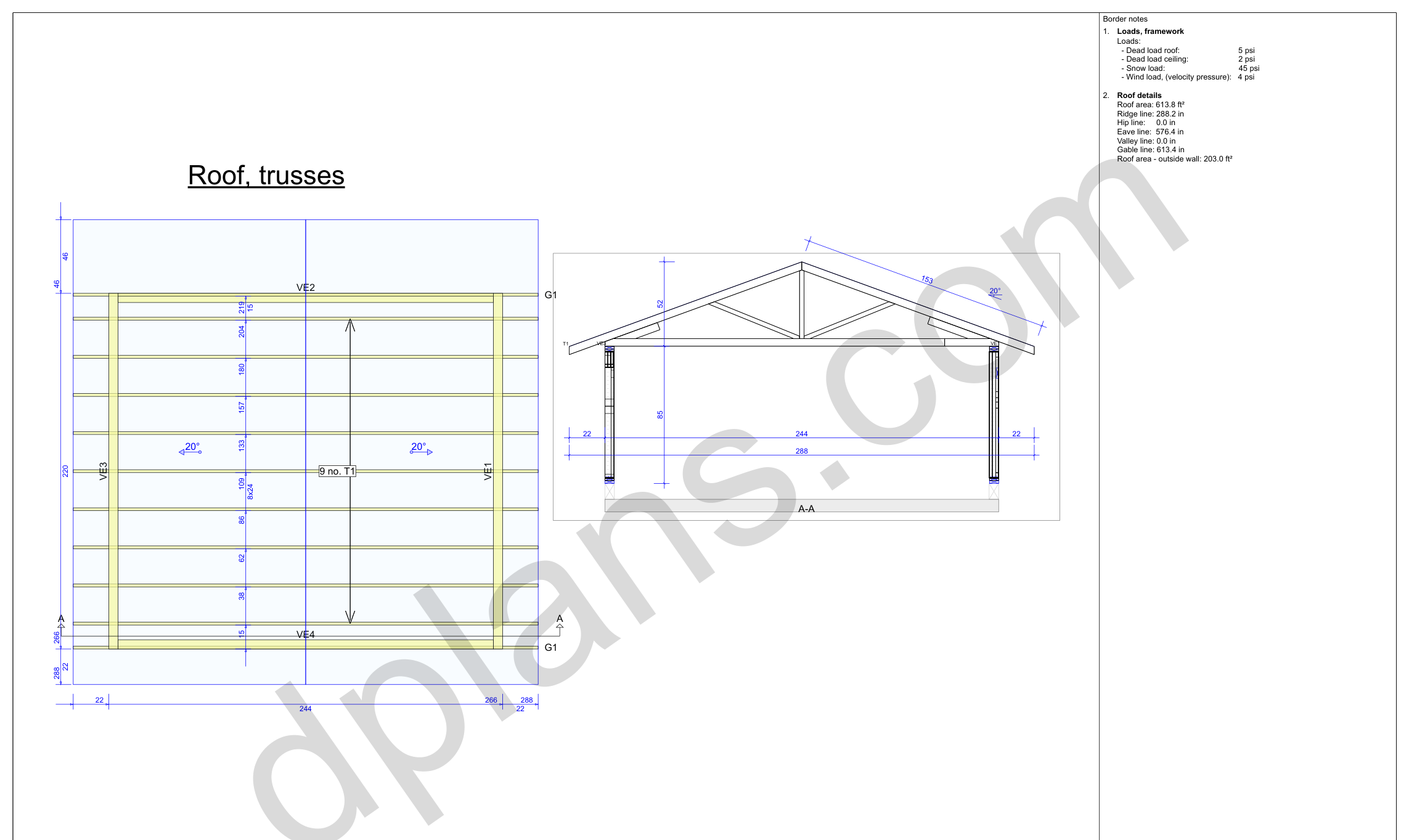 18x20 garage plans, roof truss layout plan and cross section with wall and ridge heights (imperial, inches)