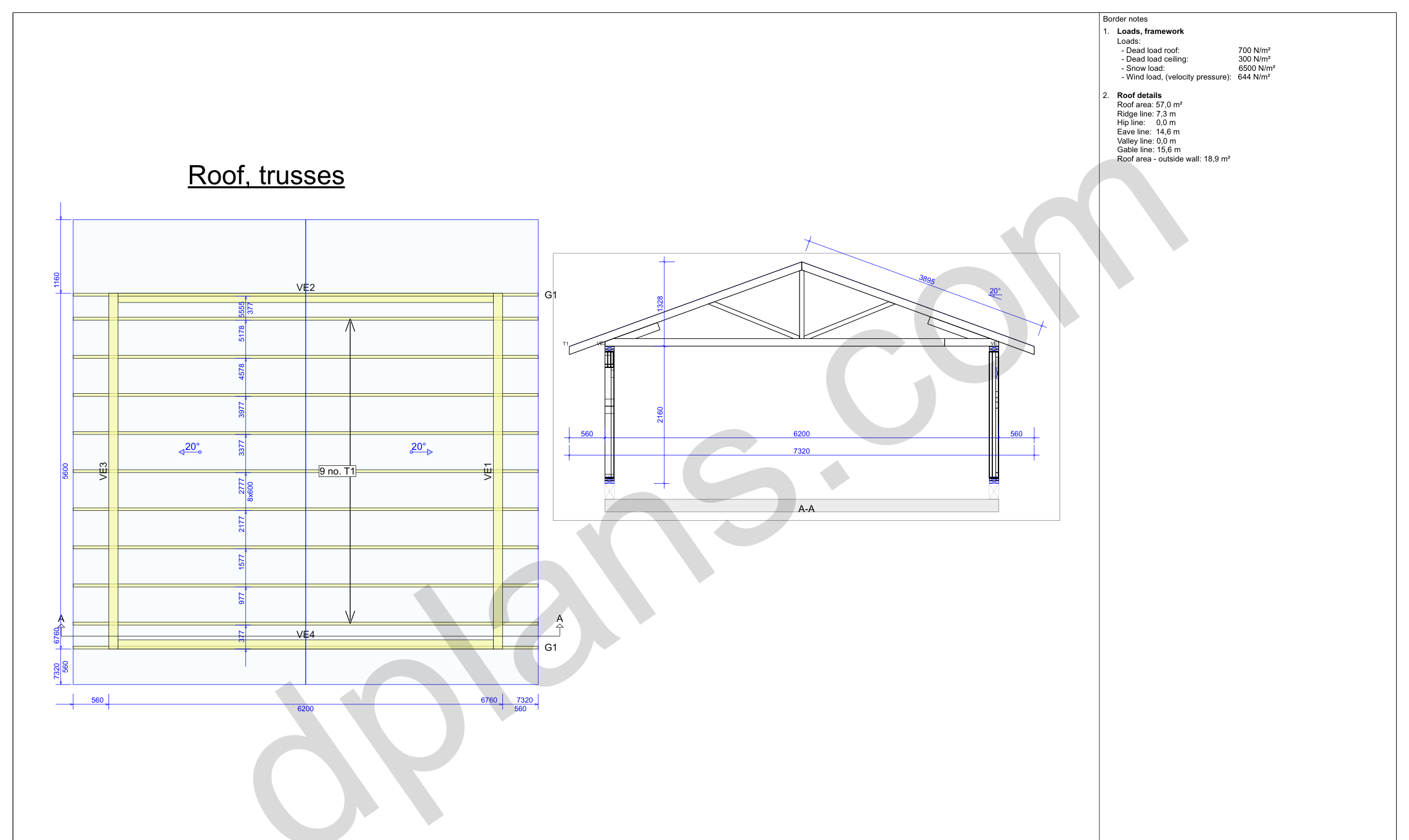 18x20 garage plans, roof truss layout plan and cross section with wall and ridge heights (metric, mm)
