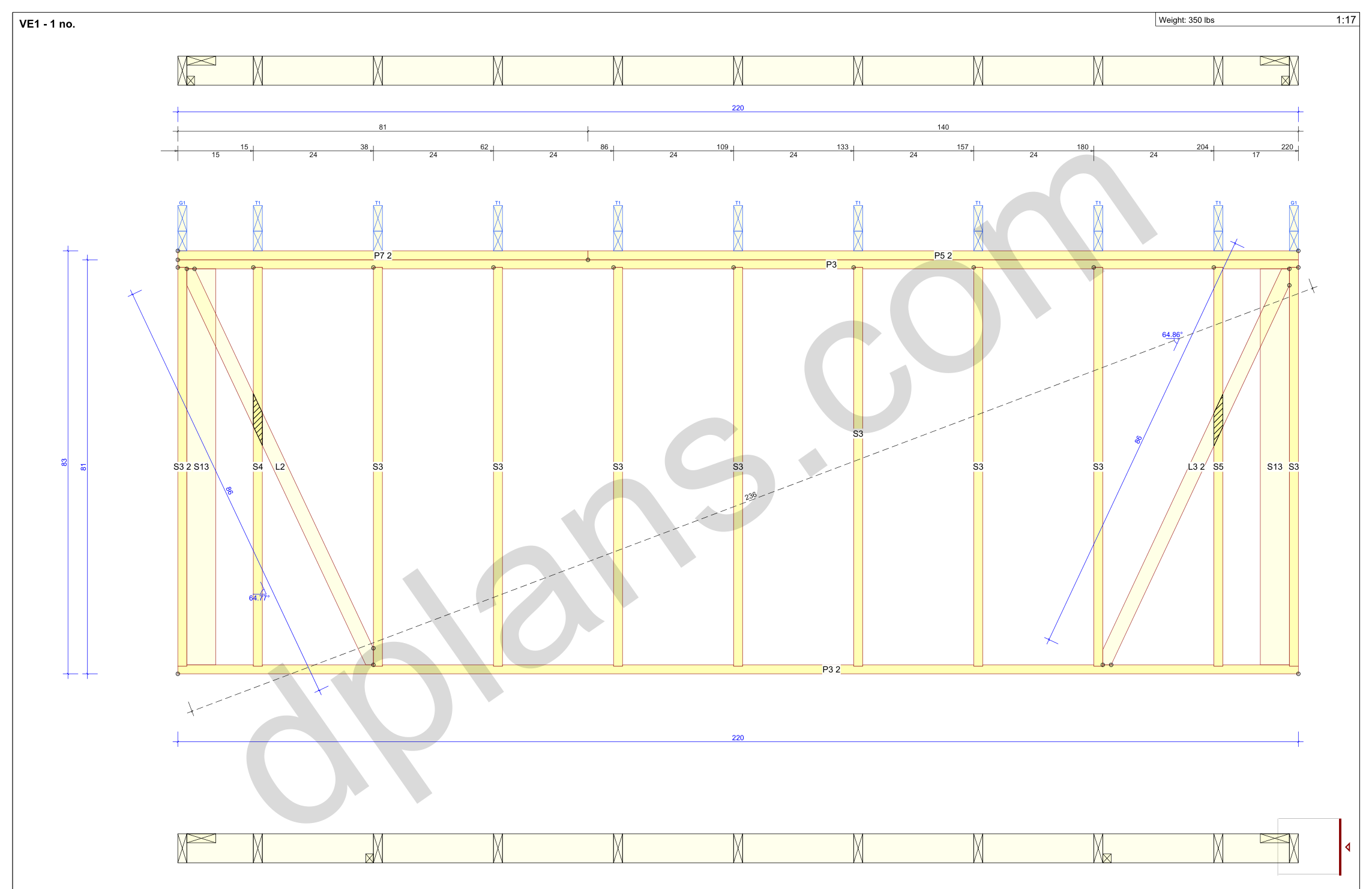 18x20 garage plans, wall panel framing elevation with stud spacing and the cut list (imperial, inches)