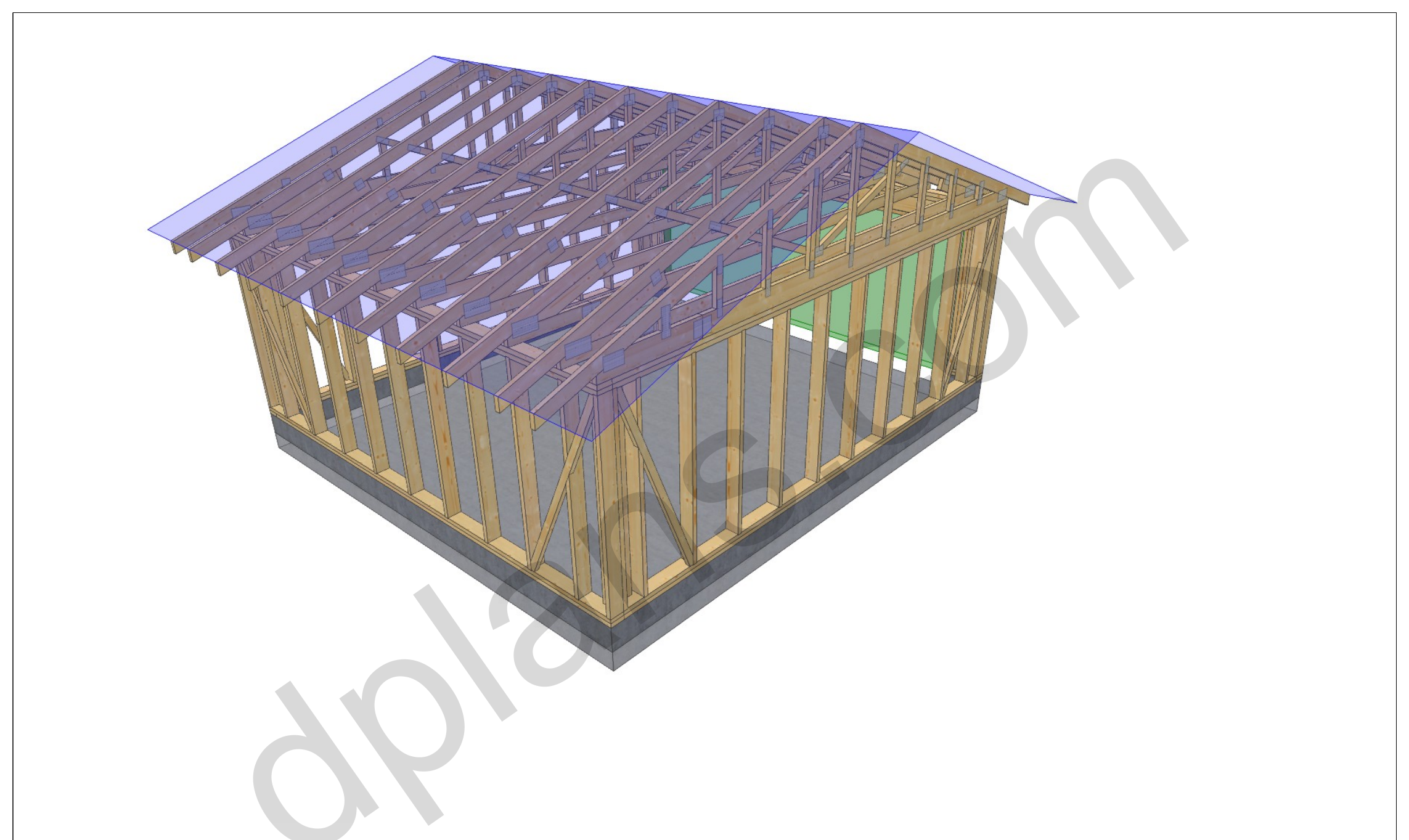 18x20 garage plans, 3D view of the timber frame with the garage door opening and roof trusses