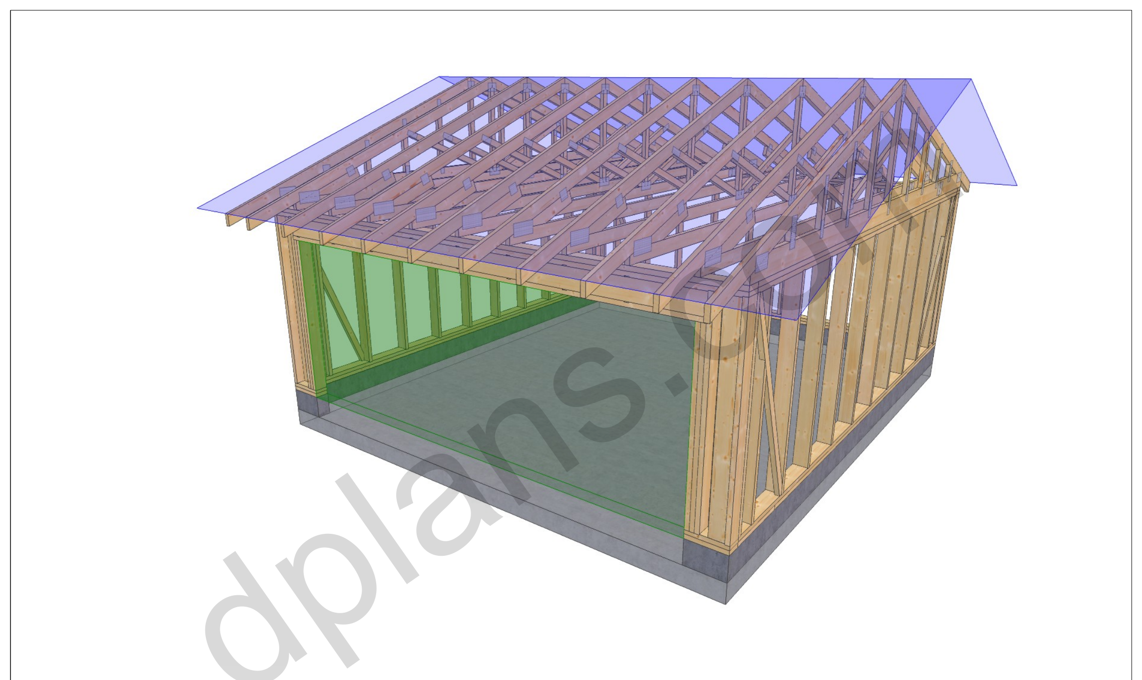 18x20 garage plans, 3D framing view of the stud walls, bracing and roof trusses over the slab