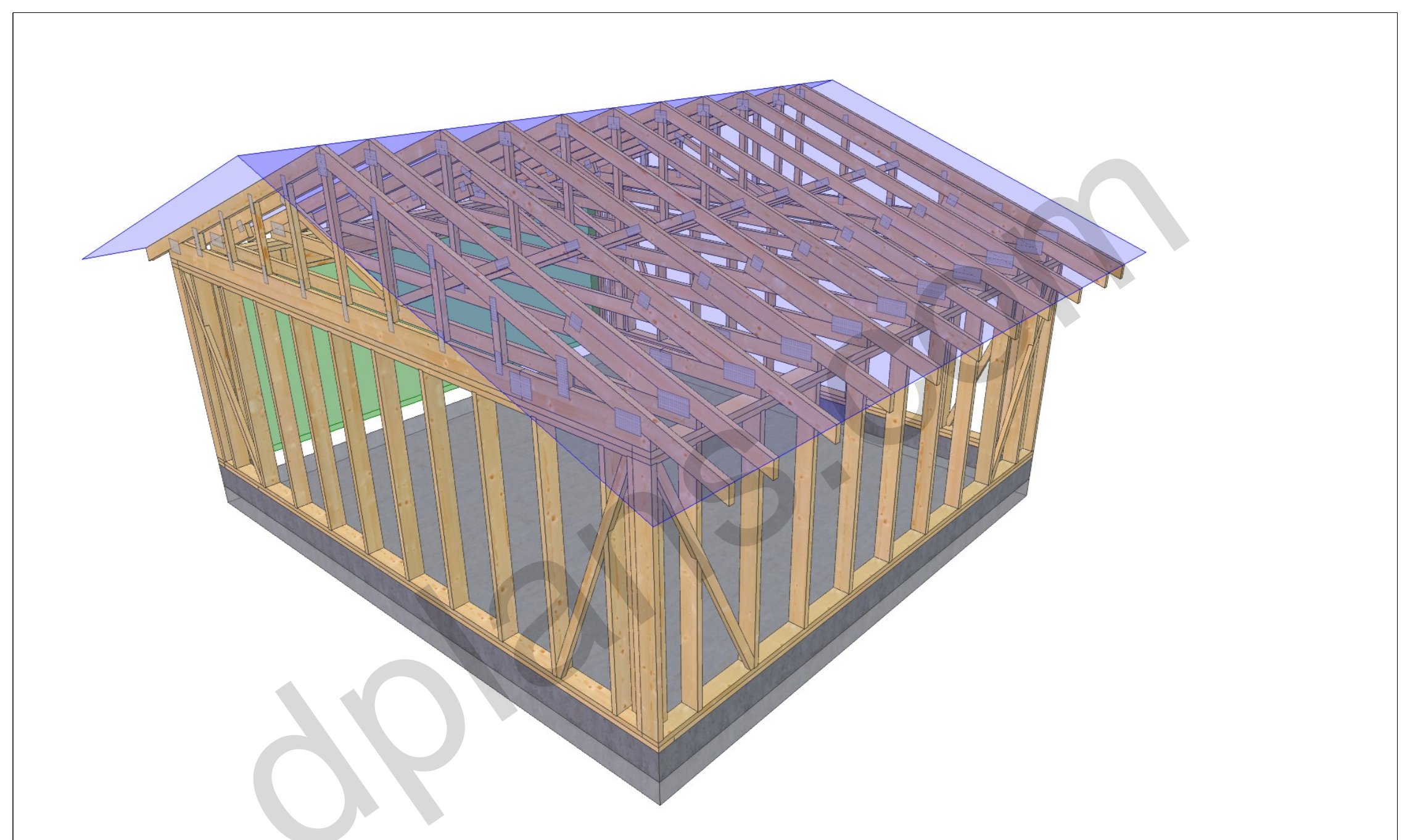18x20 garage plans, 3D model of the timber frame garage with roof trusses on a concrete slab