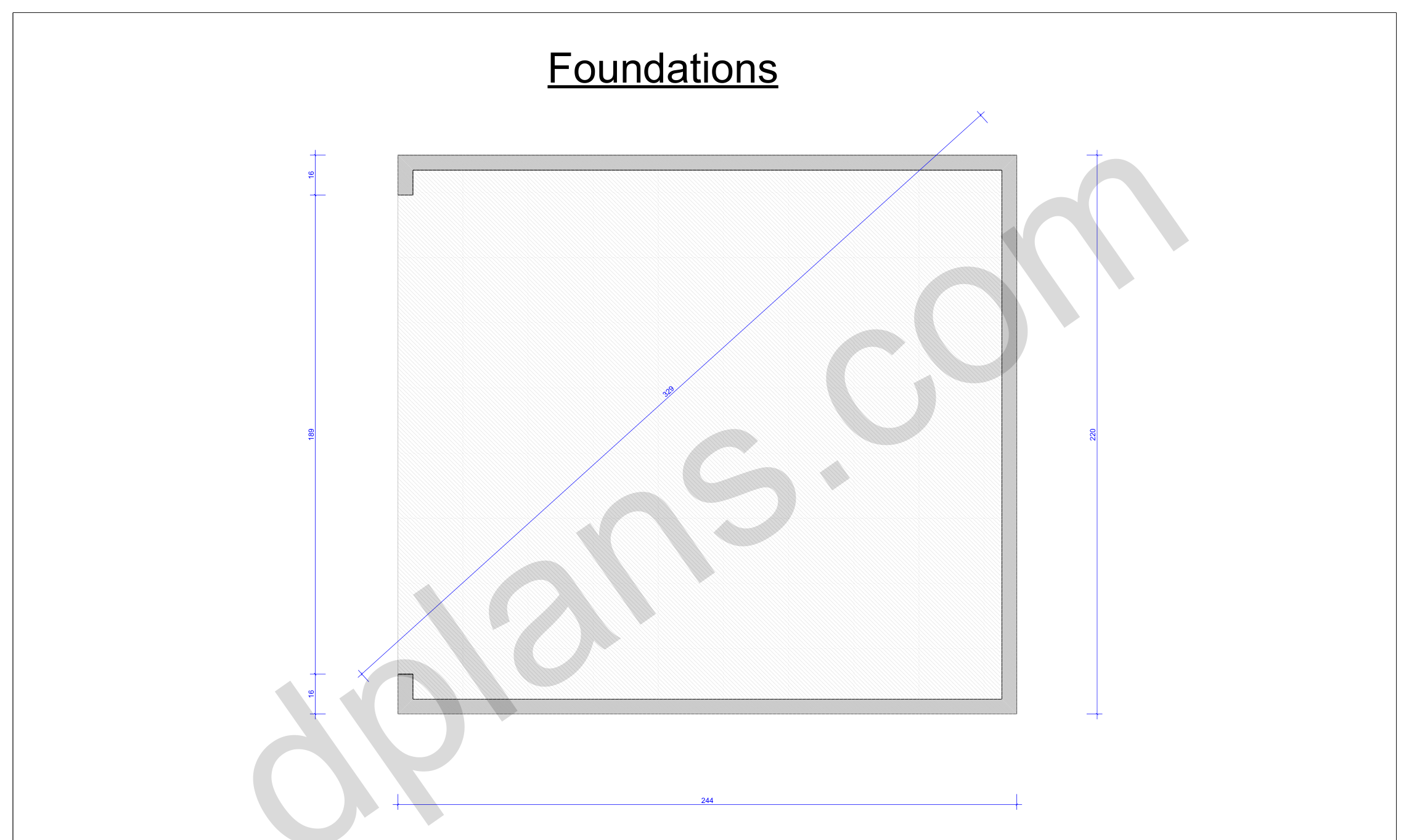 18x20 garage plans, foundation plan with the concrete slab outline and diagonal check (imperial, inches)