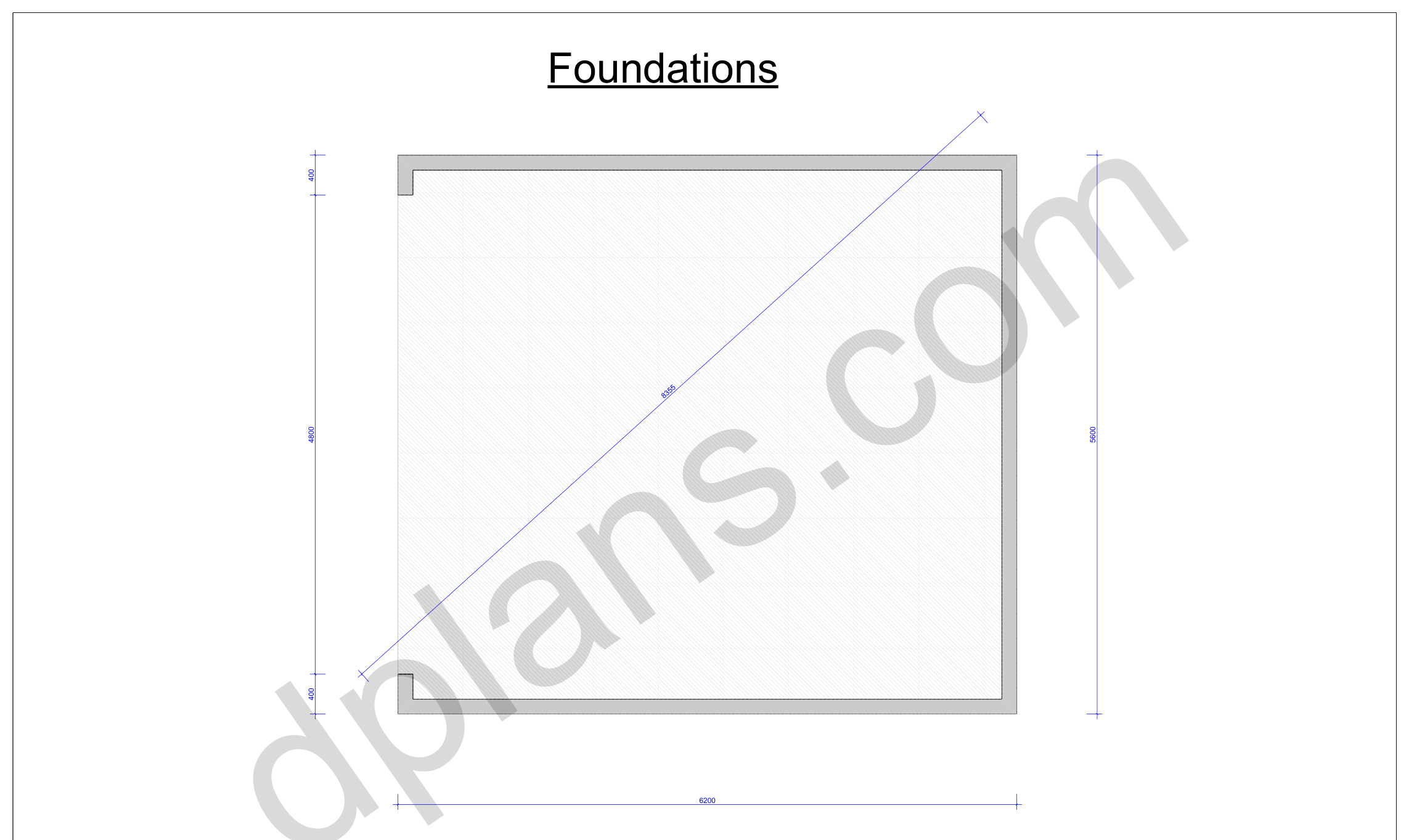 18x20 garage plans, foundation plan with the concrete slab outline and diagonal check (metric, mm)